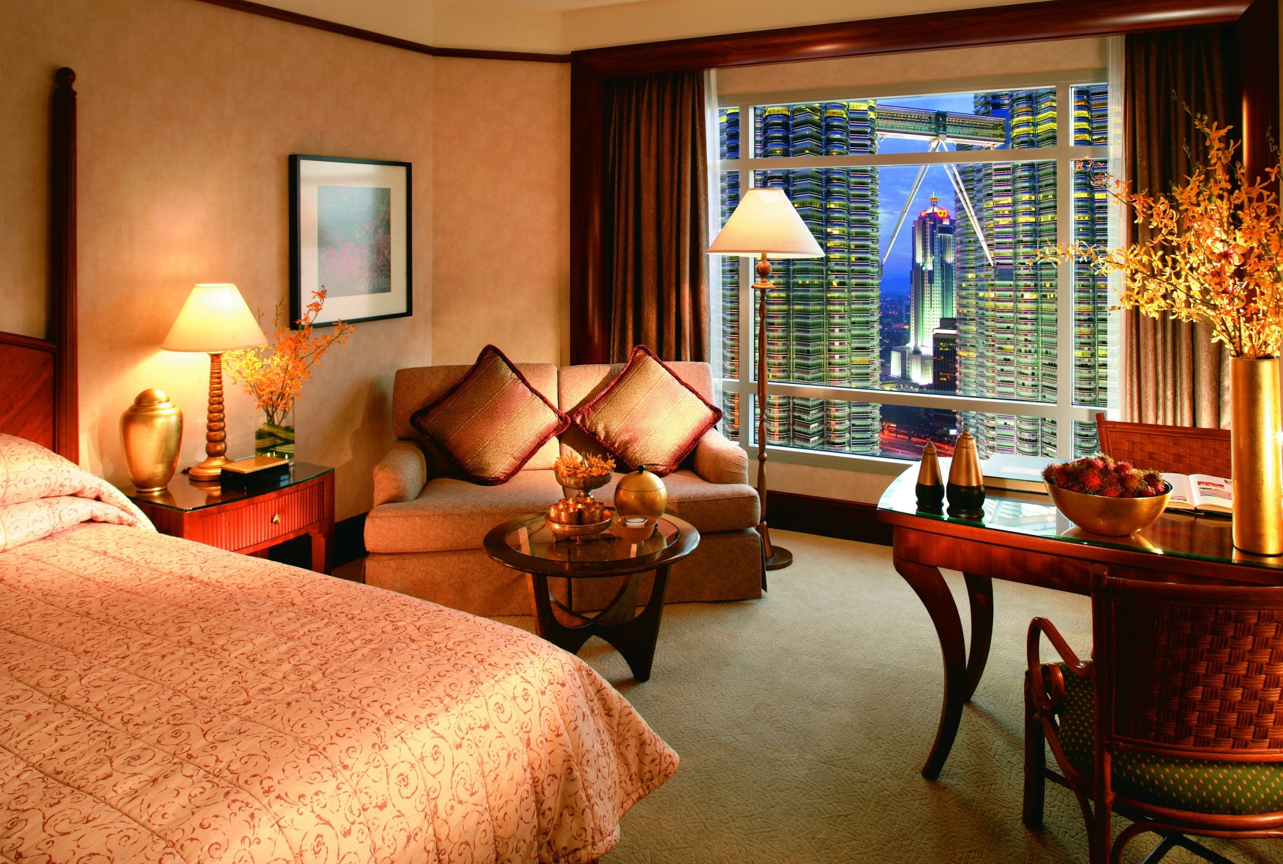 Luxury hotel room with city view at night HD Wallpaper
