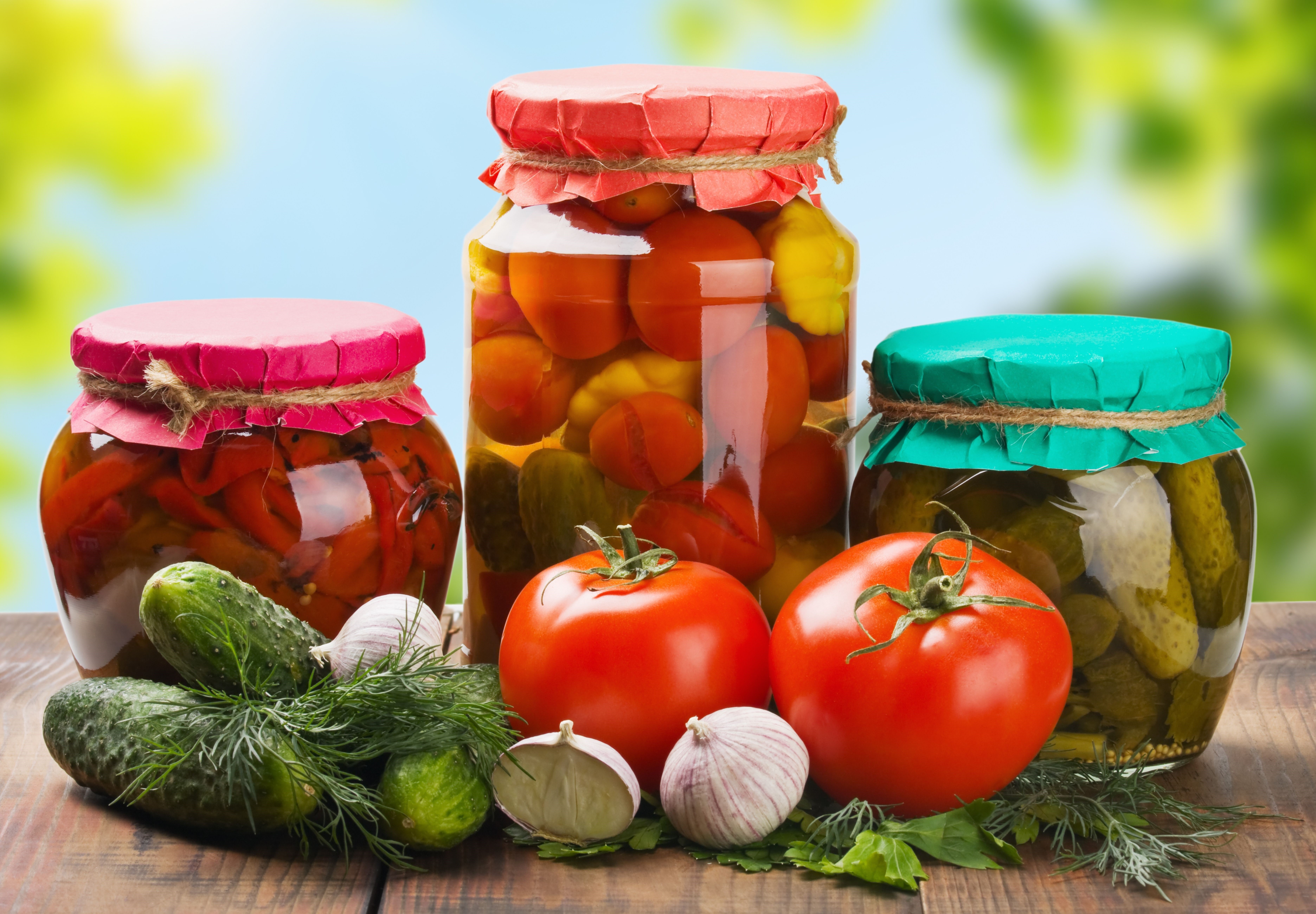 Jars of Pickled Vegetables and Fresh Produce HD Wallpaper