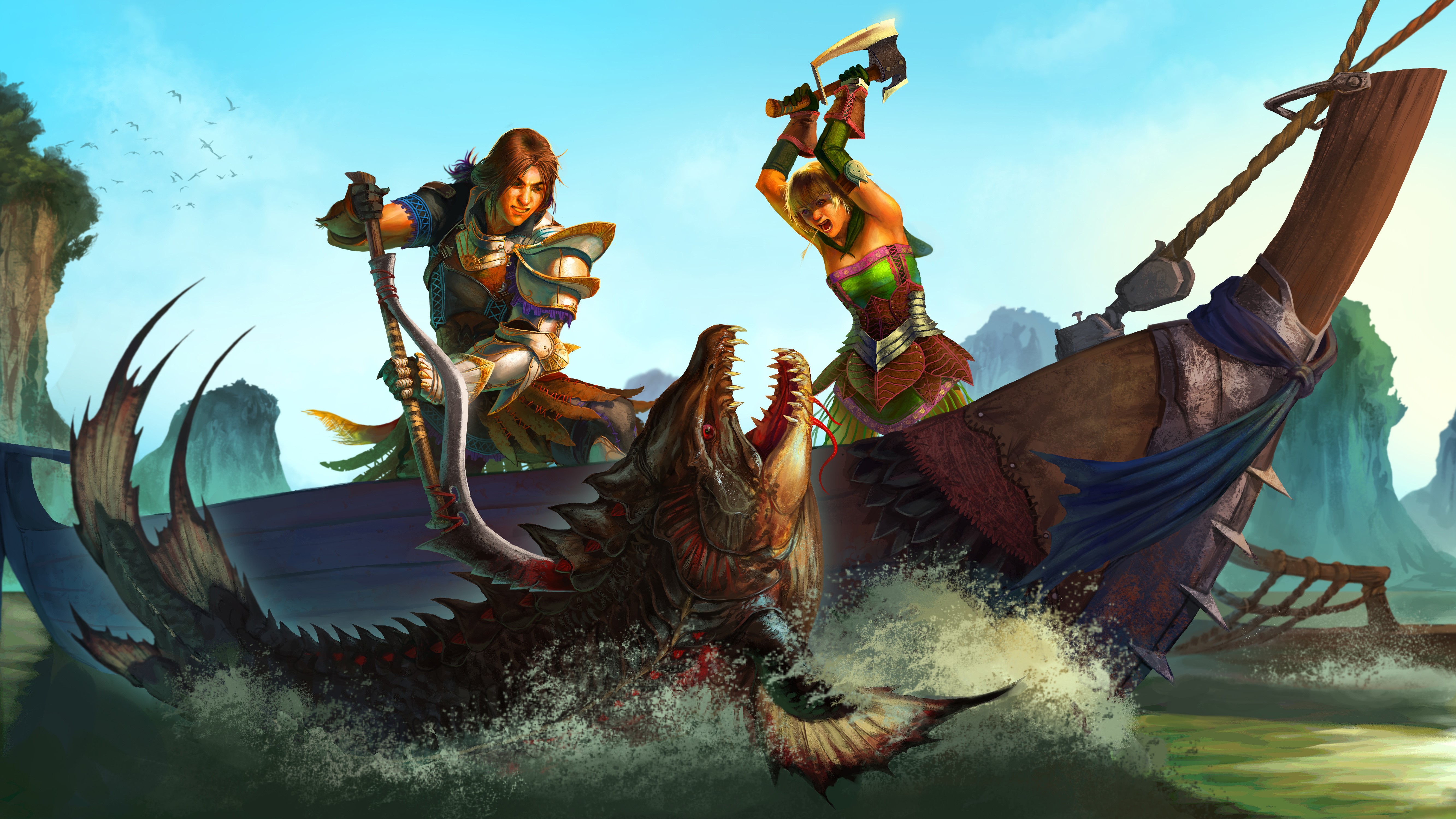 Two warriors battle a sea monster from a boat HD Wallpaper