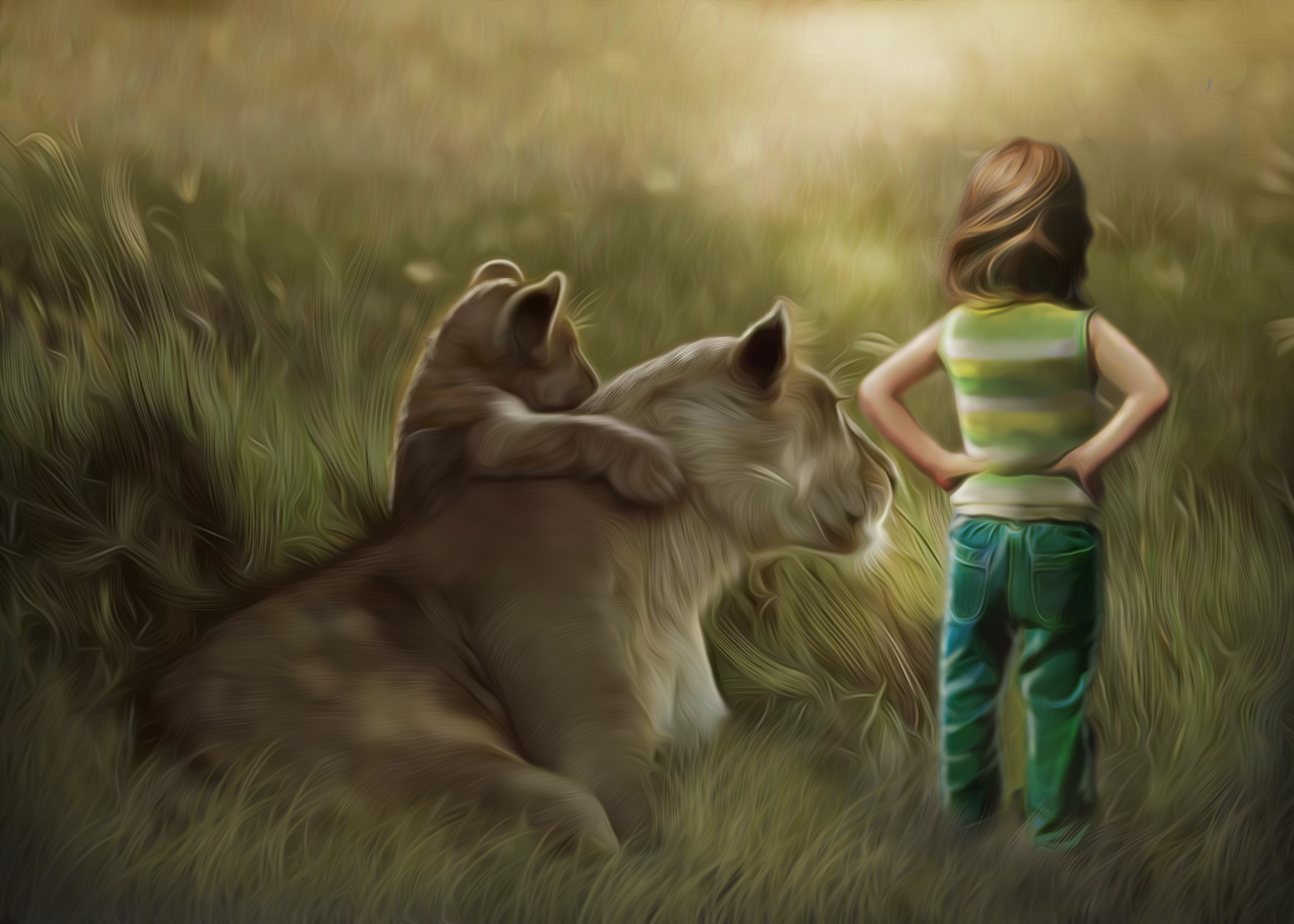 Girl and lion cubs in a grassy field HD Wallpaper