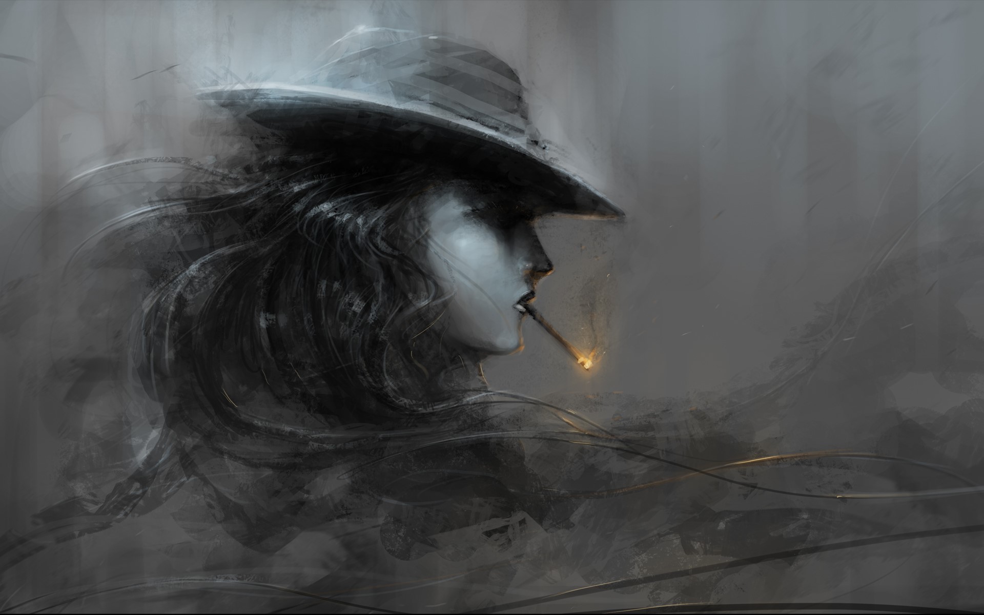 Woman in hat smoking a cigarette HD Wallpaper