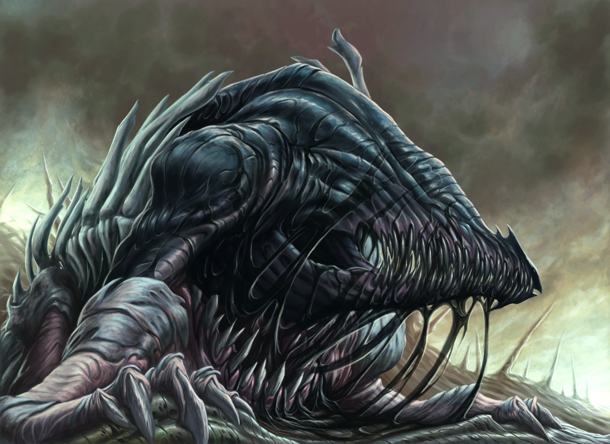 A grotesque alien monster with sharp teeth and claws HD Wallpaper