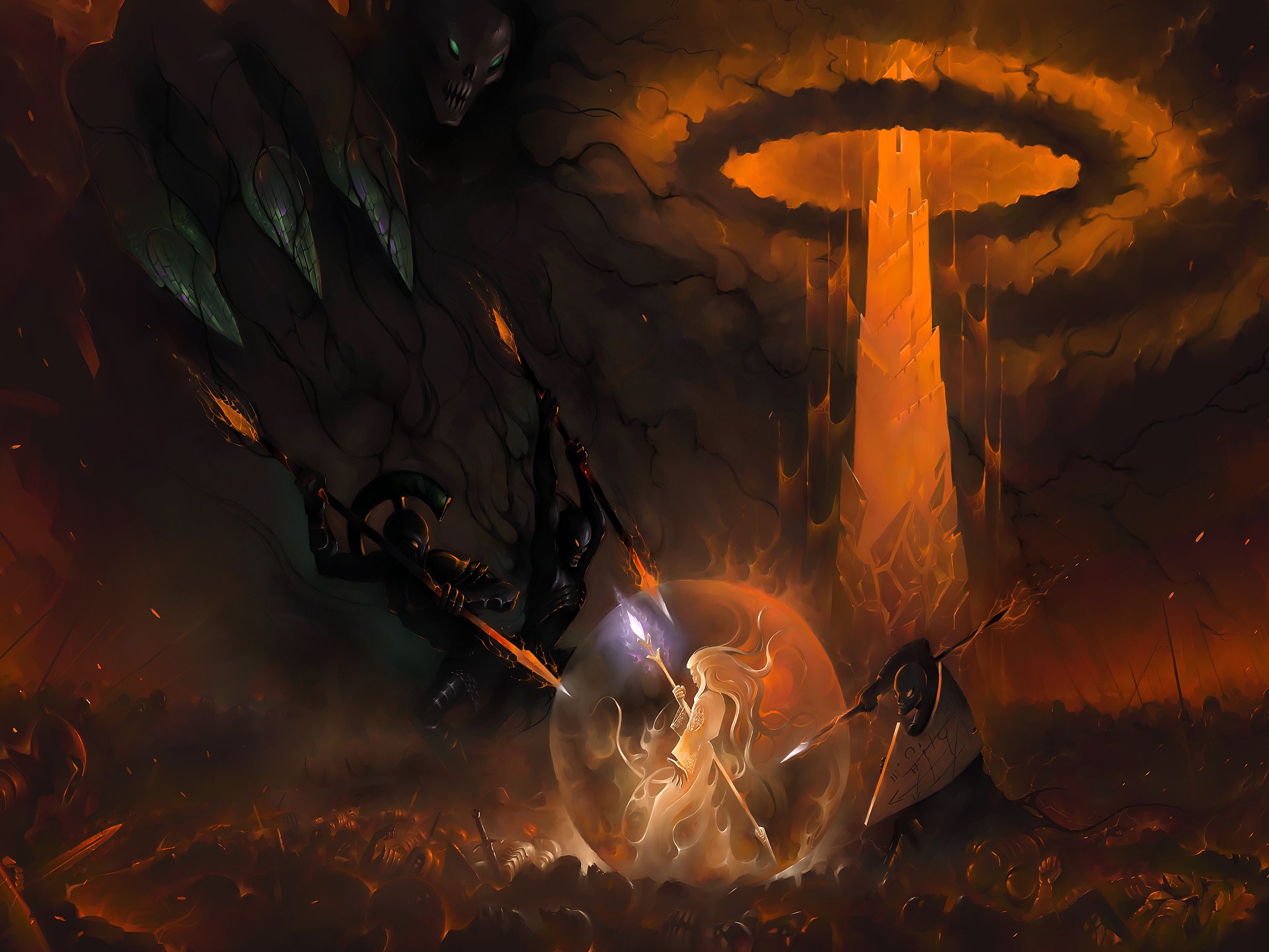 Fantasy Battle with Dark Figures and a Tower HD Wallpaper