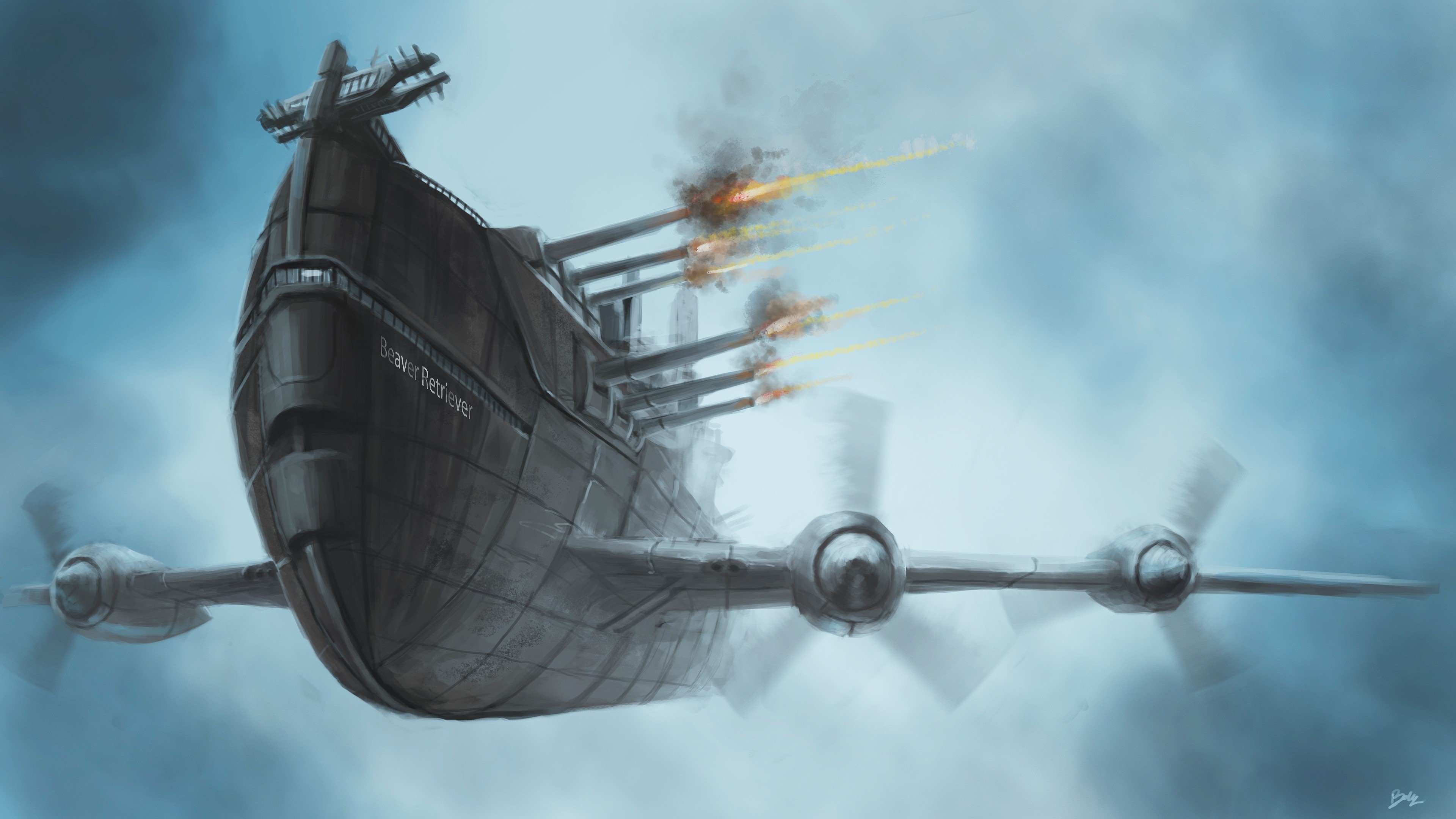 Steampunk airship Beaver Retriever firing cannons HD Wallpaper