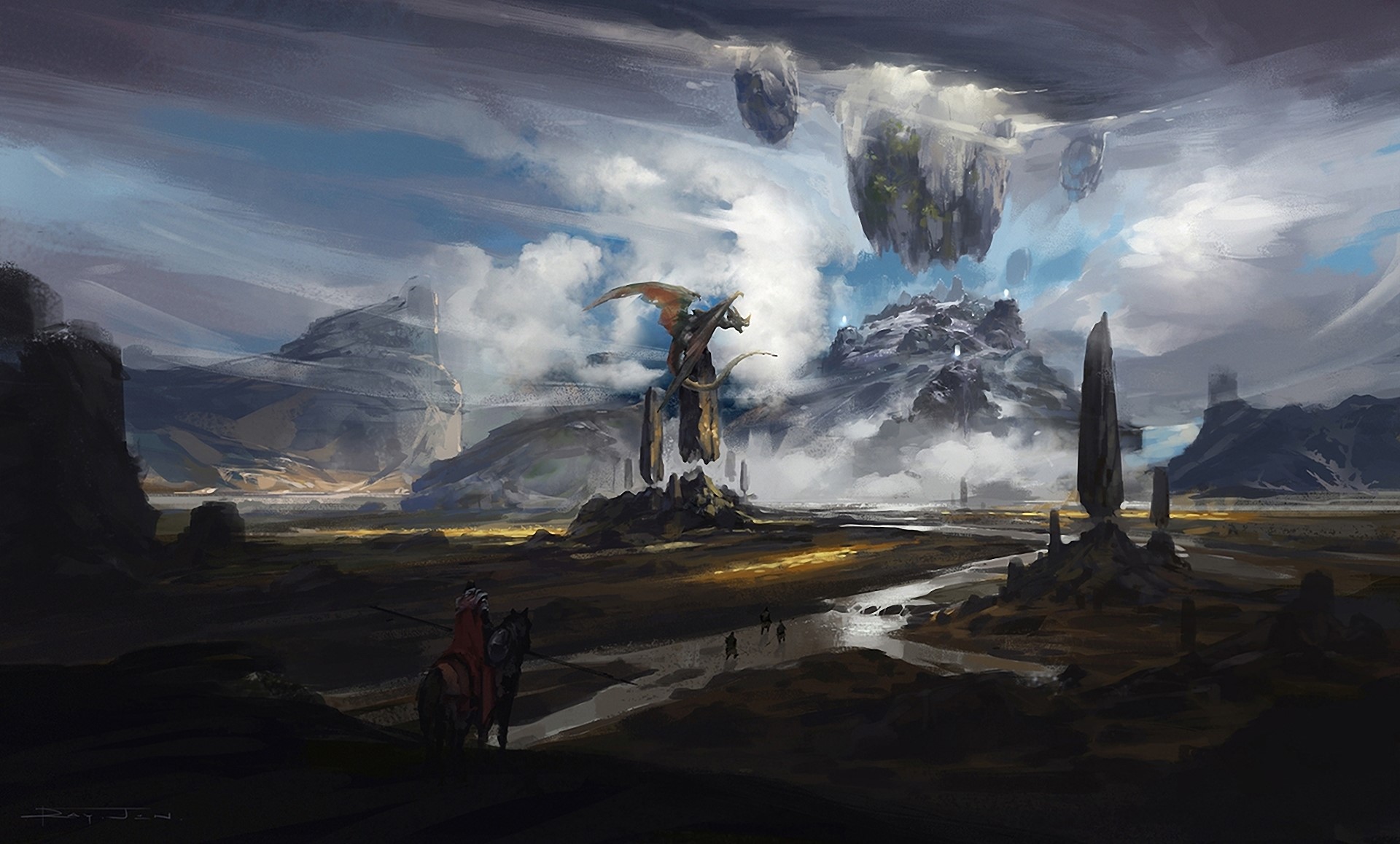 Fantasy landscape with floating islands and a dragon statue HD Wallpaper