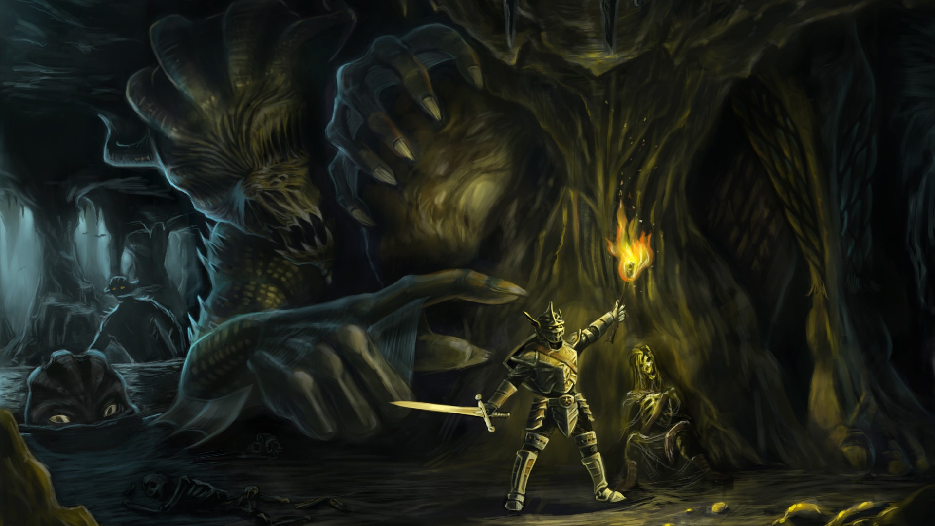 Knight with torch facing a monster in a cave HD Wallpaper