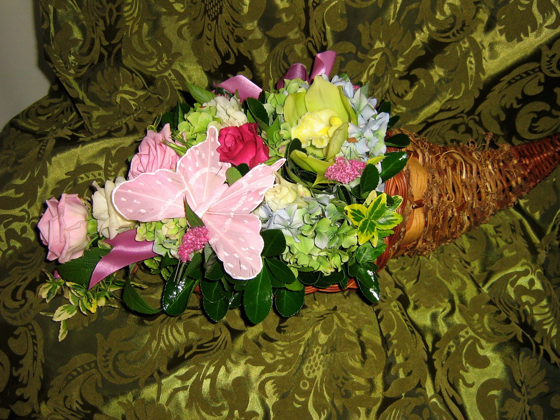 Cornucopia flower arrangement with pink butterfly HD Wallpaper