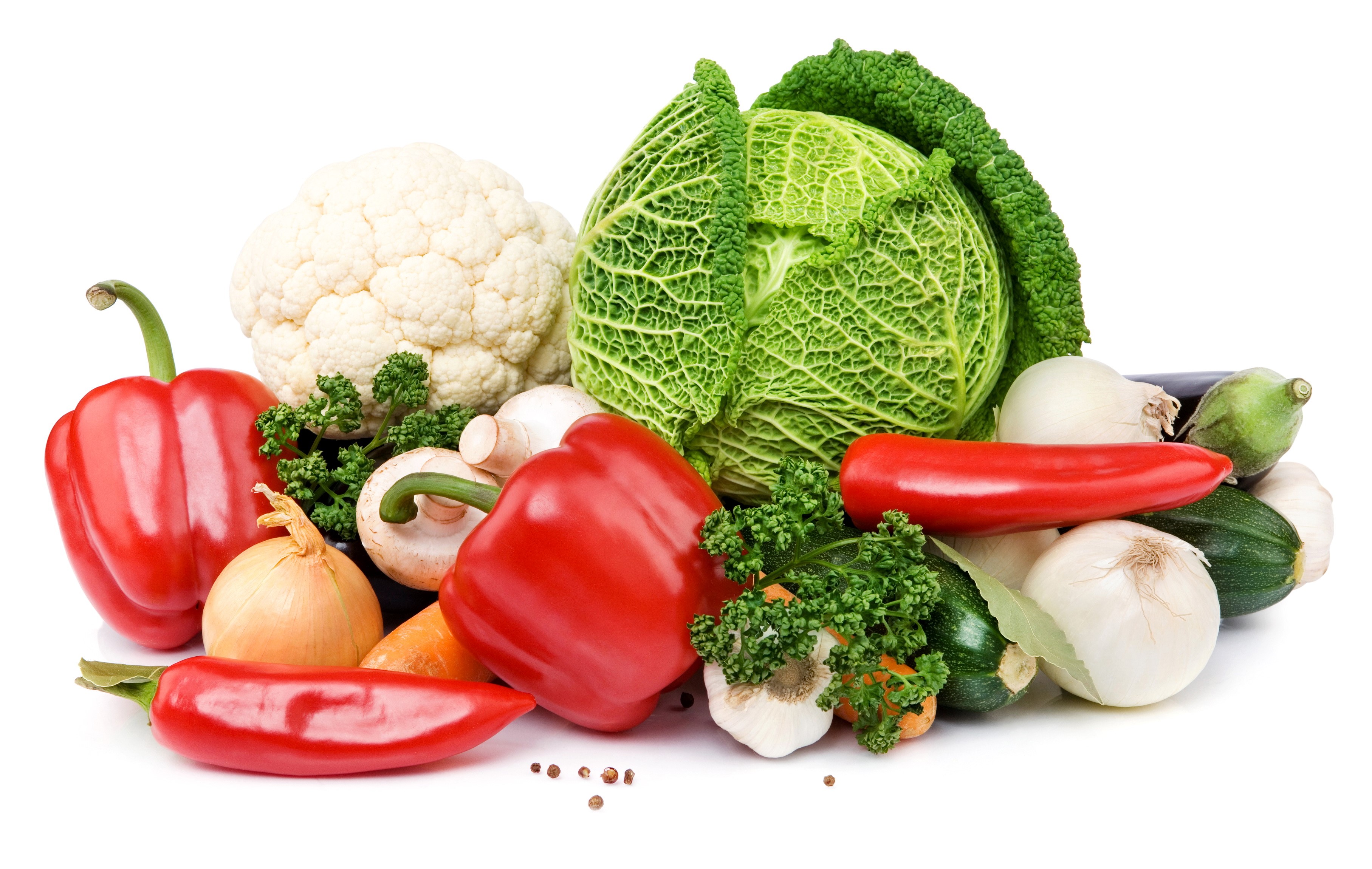 Assortment of fresh vegetables including cauliflower, cabbage, peppers, onions, and zucchini HD Wallpaper