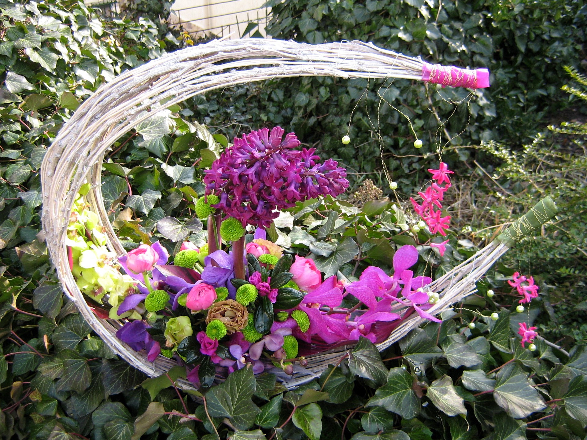 Crescent moon floral arrangement with hyacinths and orchids HD Wallpaper