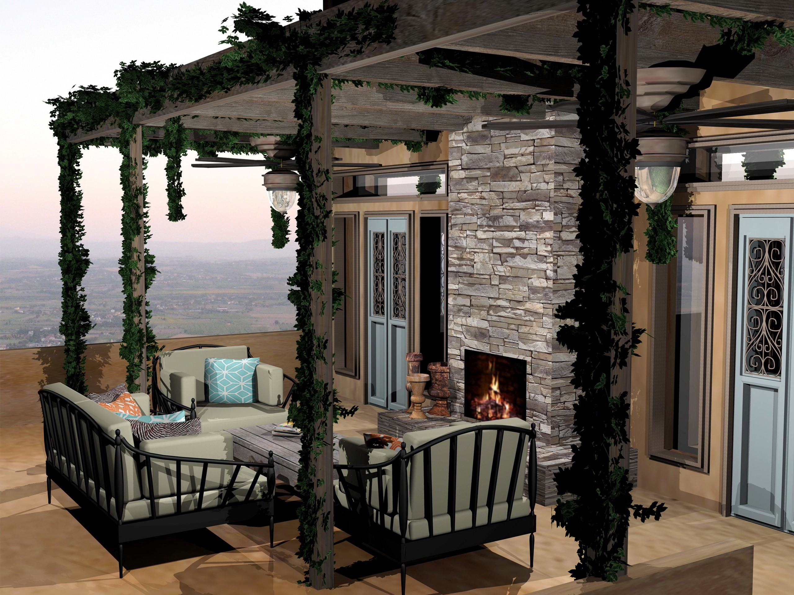 Outdoor patio with fireplace and seating HD Wallpaper