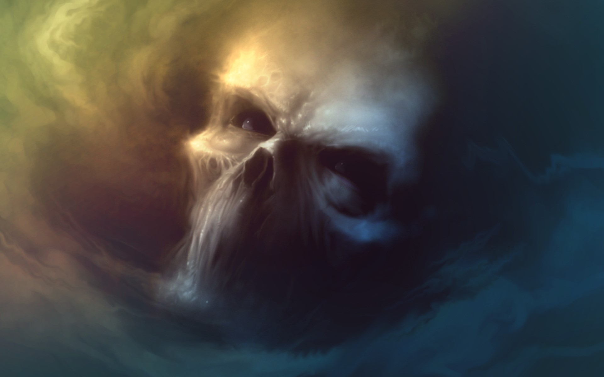 A terrifying skull emerges from swirling smoke HD Wallpaper