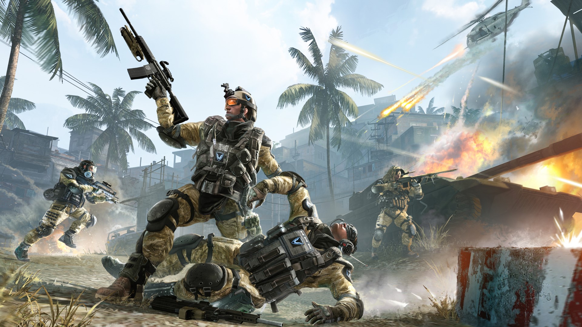 Warface soldiers in combat with helicopter HD Wallpaper