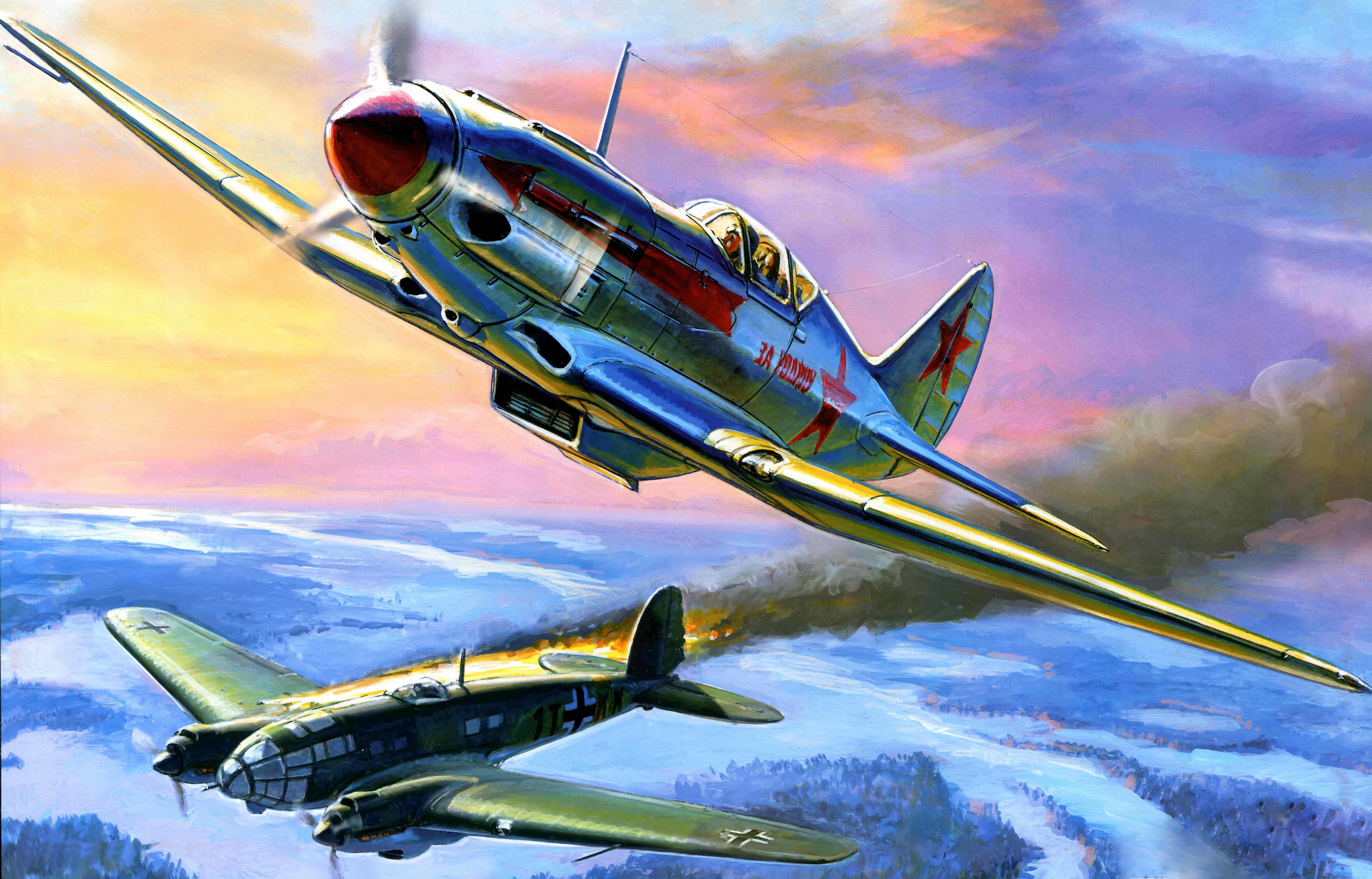 Soviet fighter plane attacking a German bomber HD Wallpaper