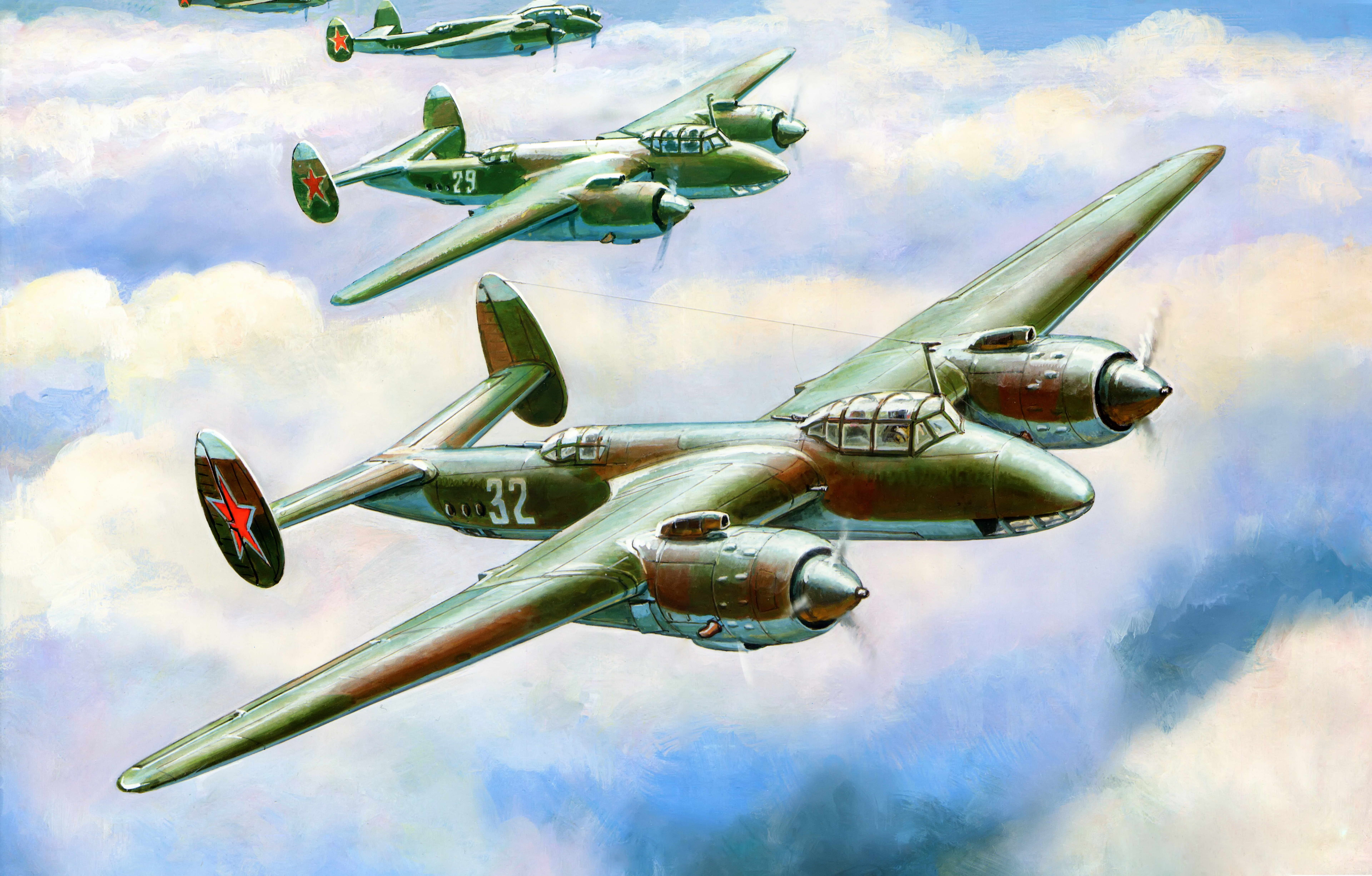 Painting of Soviet twin-engine fighter planes flying in formation HD Wallpaper