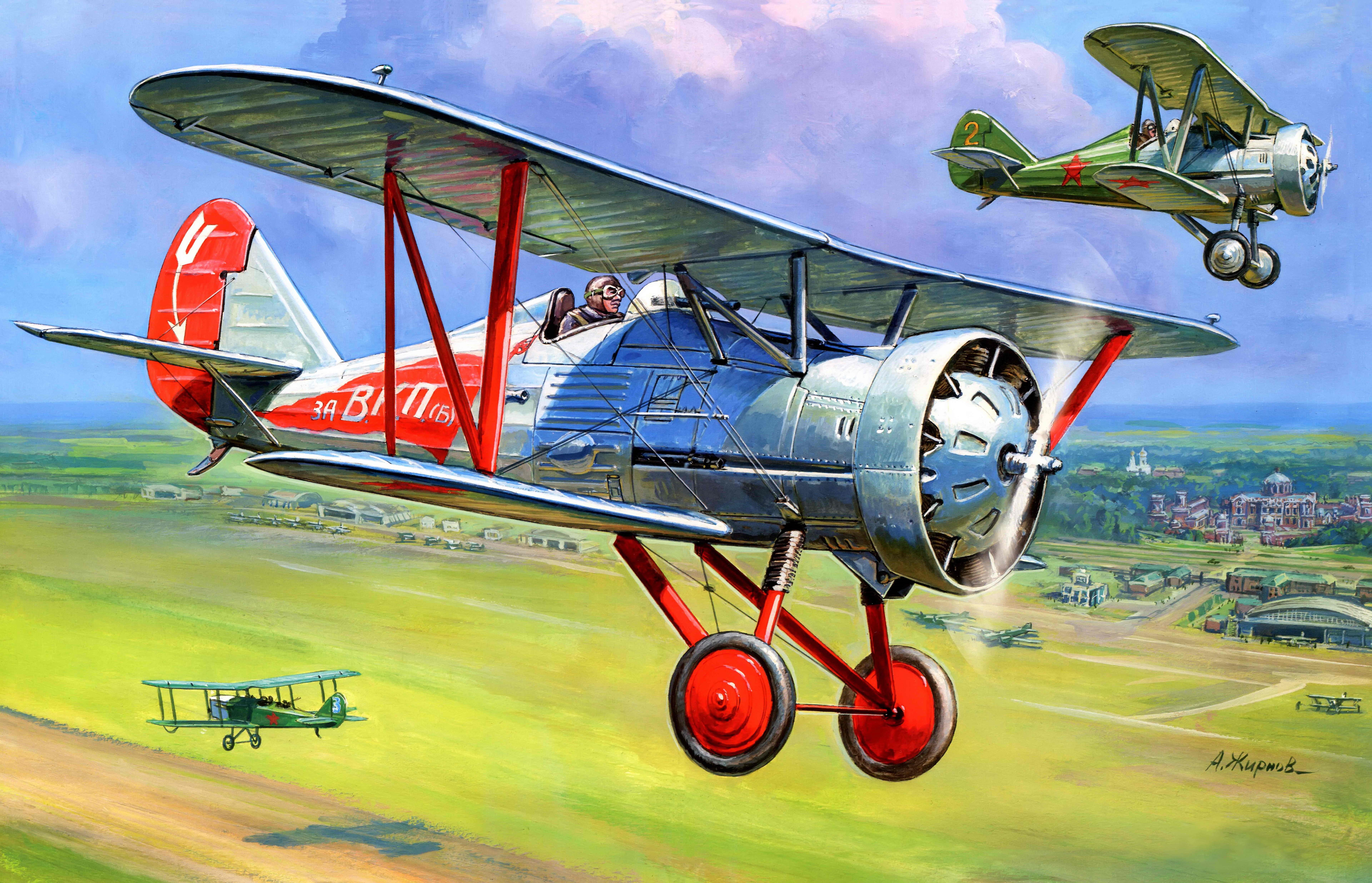 Biplane Aircraft in Flight Over Rural Landscape HD Wallpaper