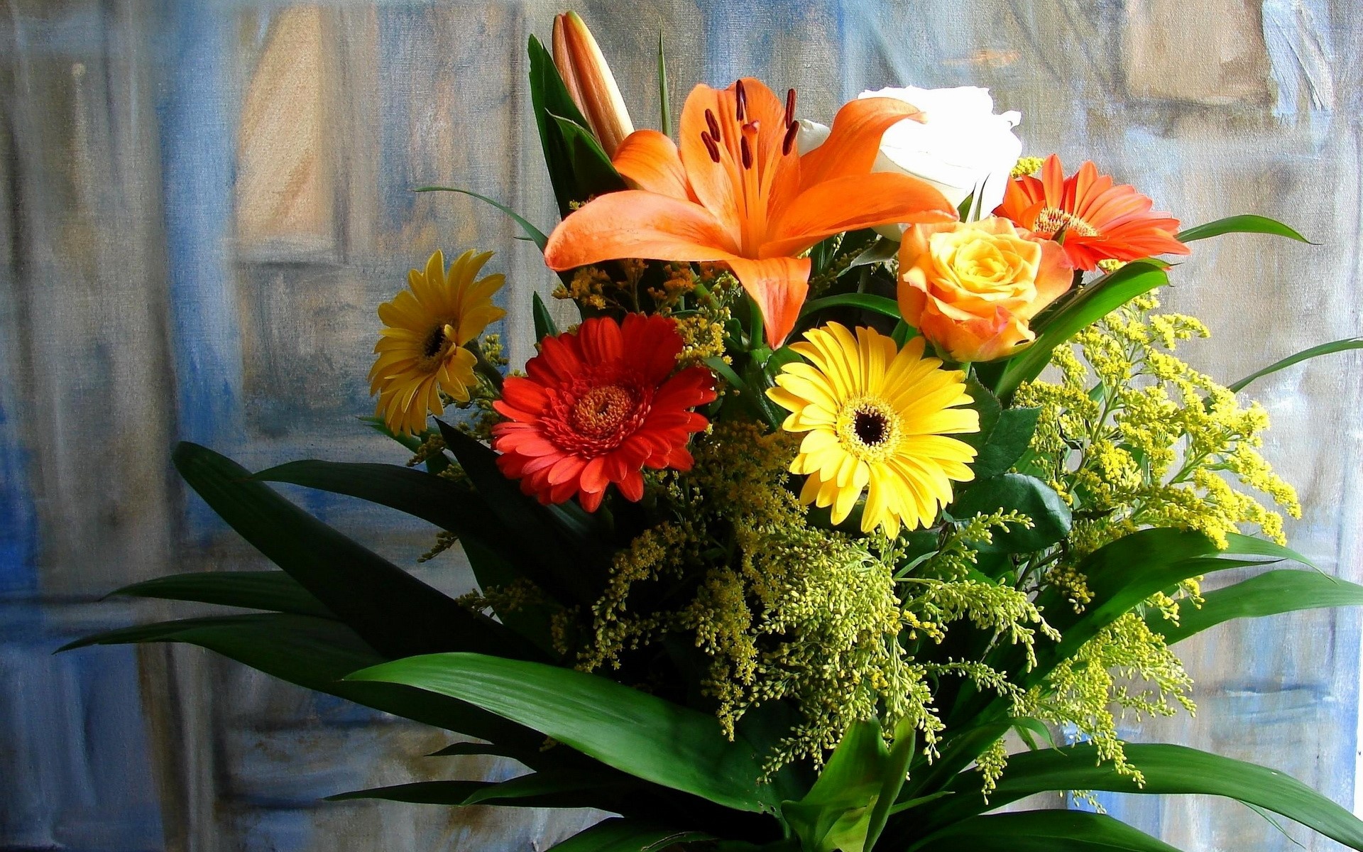 Colorful bouquet of flowers with orange lily and gerbera daisies HD Wallpaper