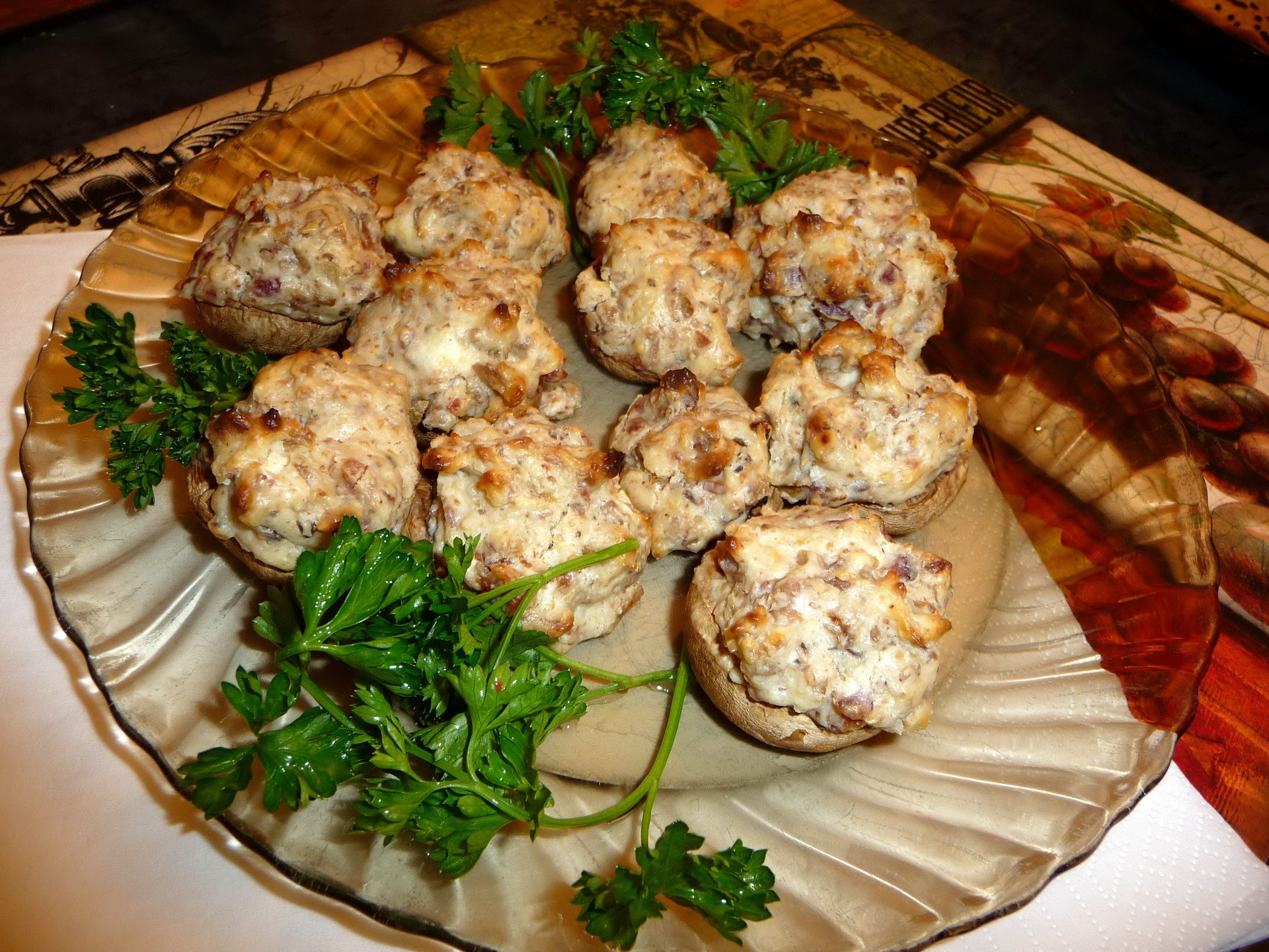 Stuffed mushrooms on a decorative plate HD Wallpaper