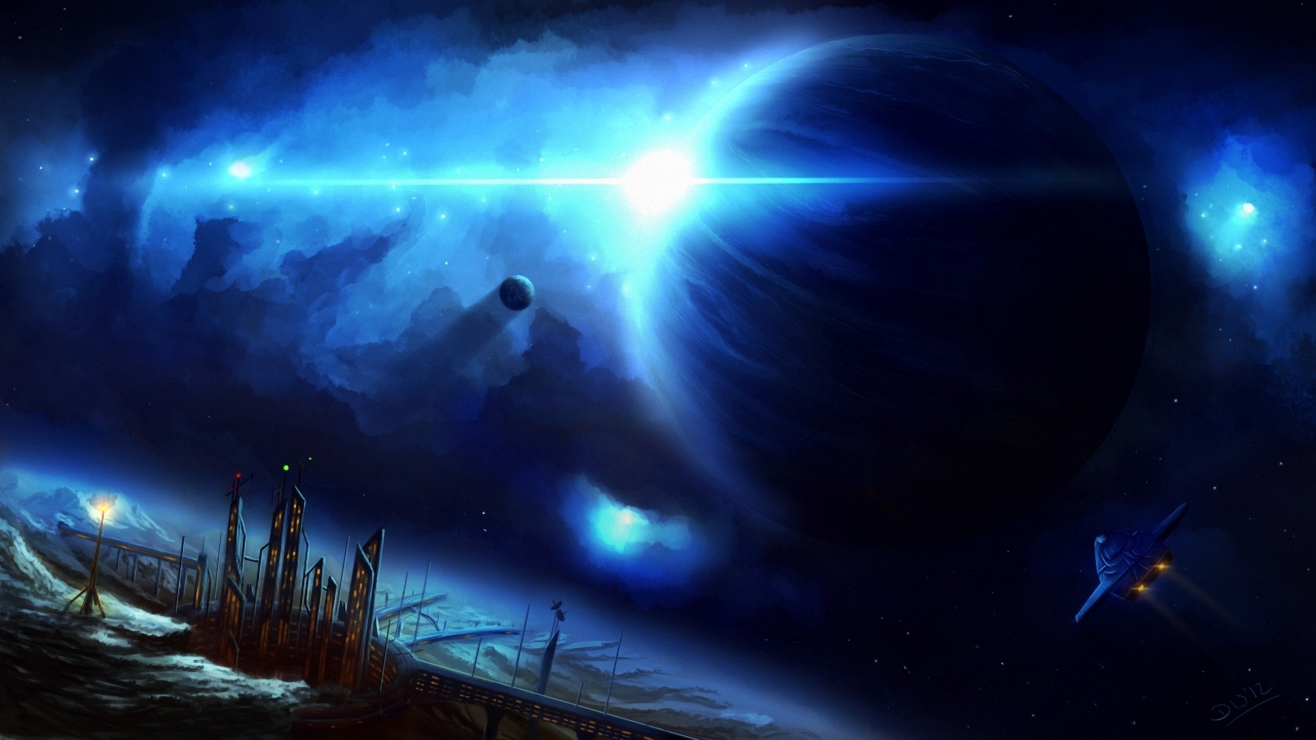 Alien Cityscape with Planets and Spaceship HD Wallpaper