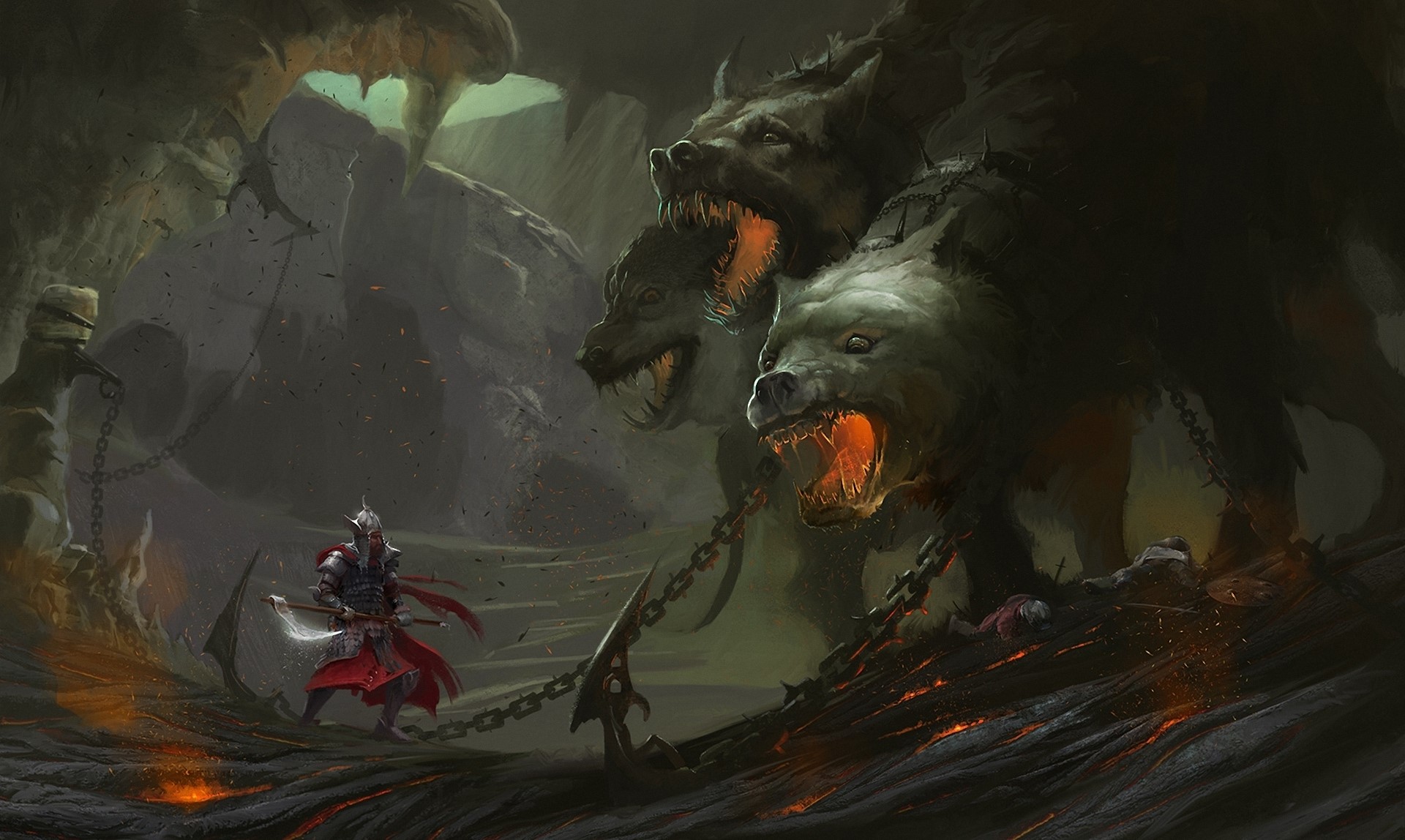 Knight battles Cerberus in a cave HD Wallpaper