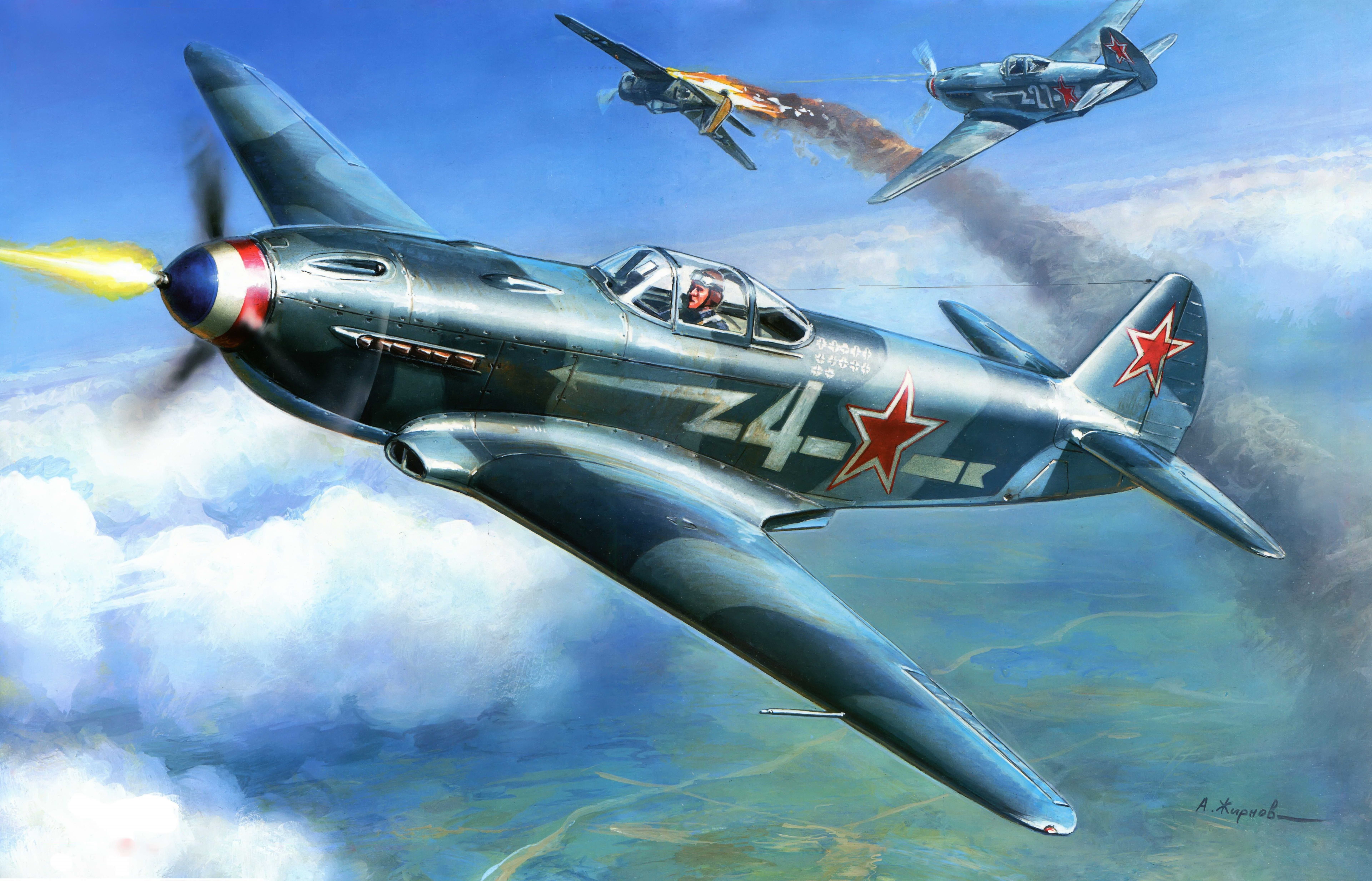Soviet fighter planes in aerial combat HD Wallpaper