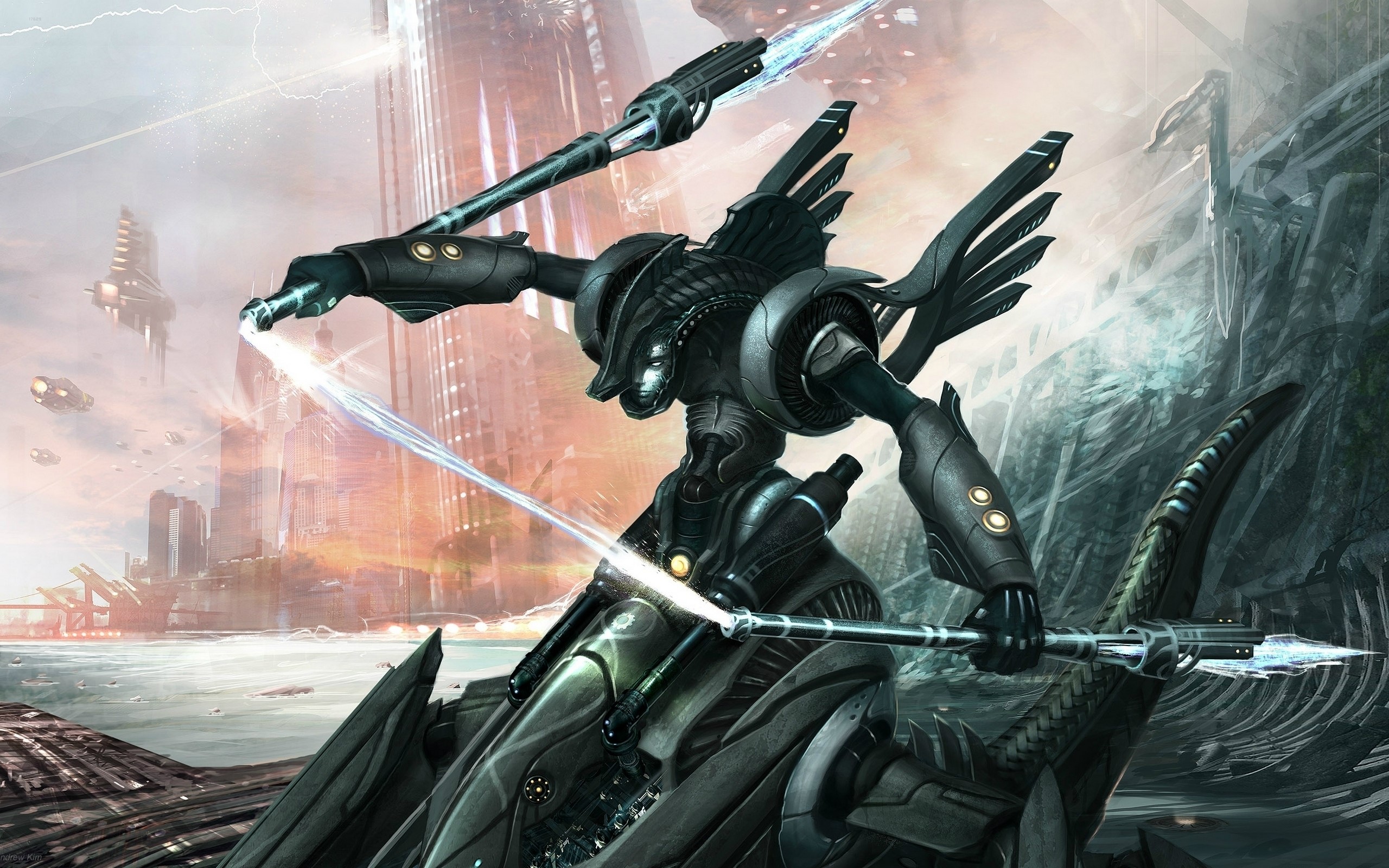 Futuristic robot with energy weapons in a city HD Wallpaper
