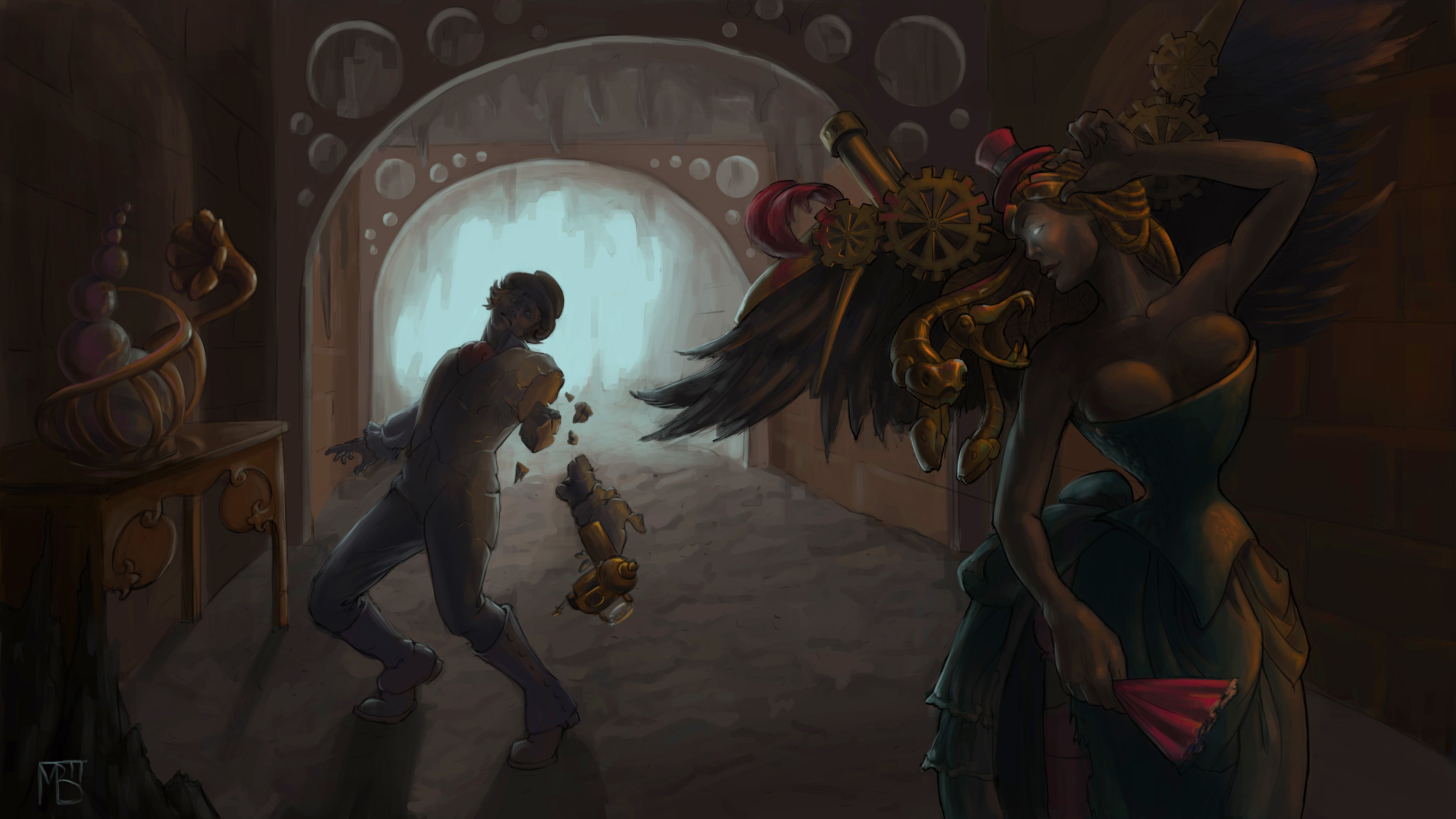 Steampunk Angel and broken man HD Wallpaper