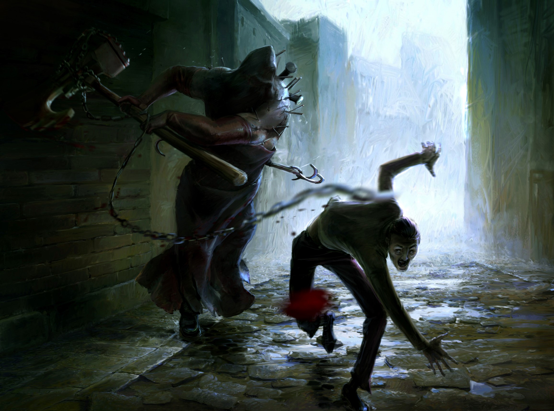 Monster attacking a person in a dark alley HD Wallpaper