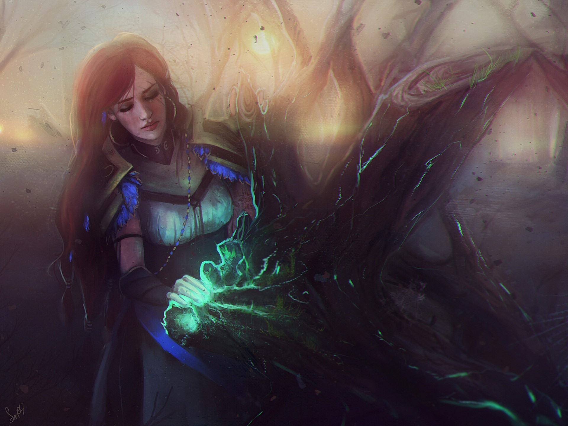 Woman with red hair casting green magic HD Wallpaper