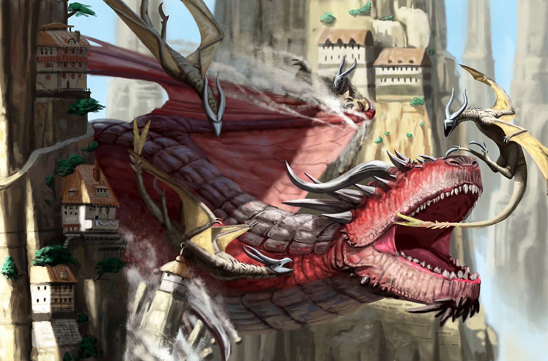 Dragons flying near cliffside village HD Wallpaper