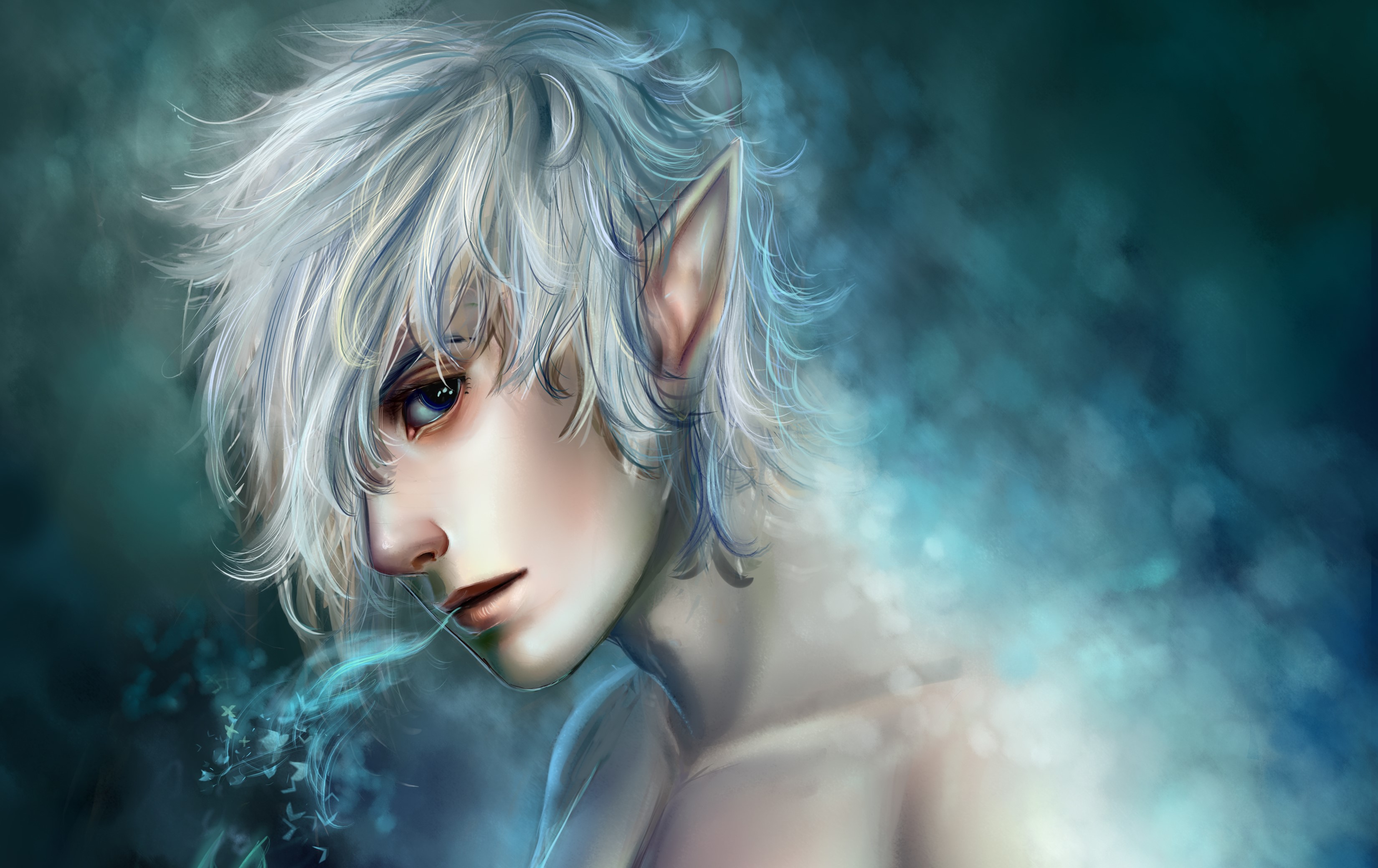 Elf with white hair and blue eyes HD Wallpaper