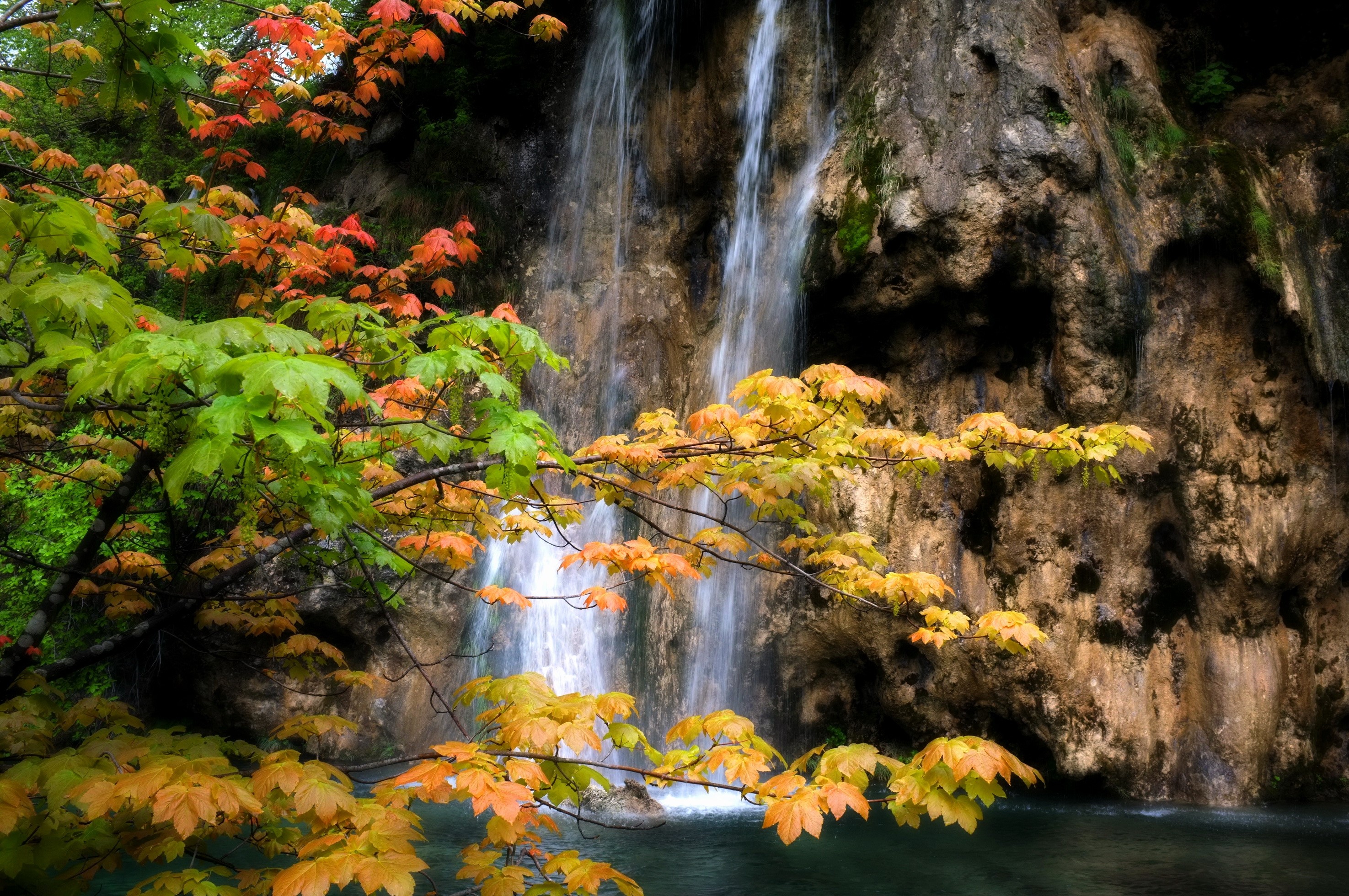Autumn leaves frame a cascading waterfall HD Wallpaper