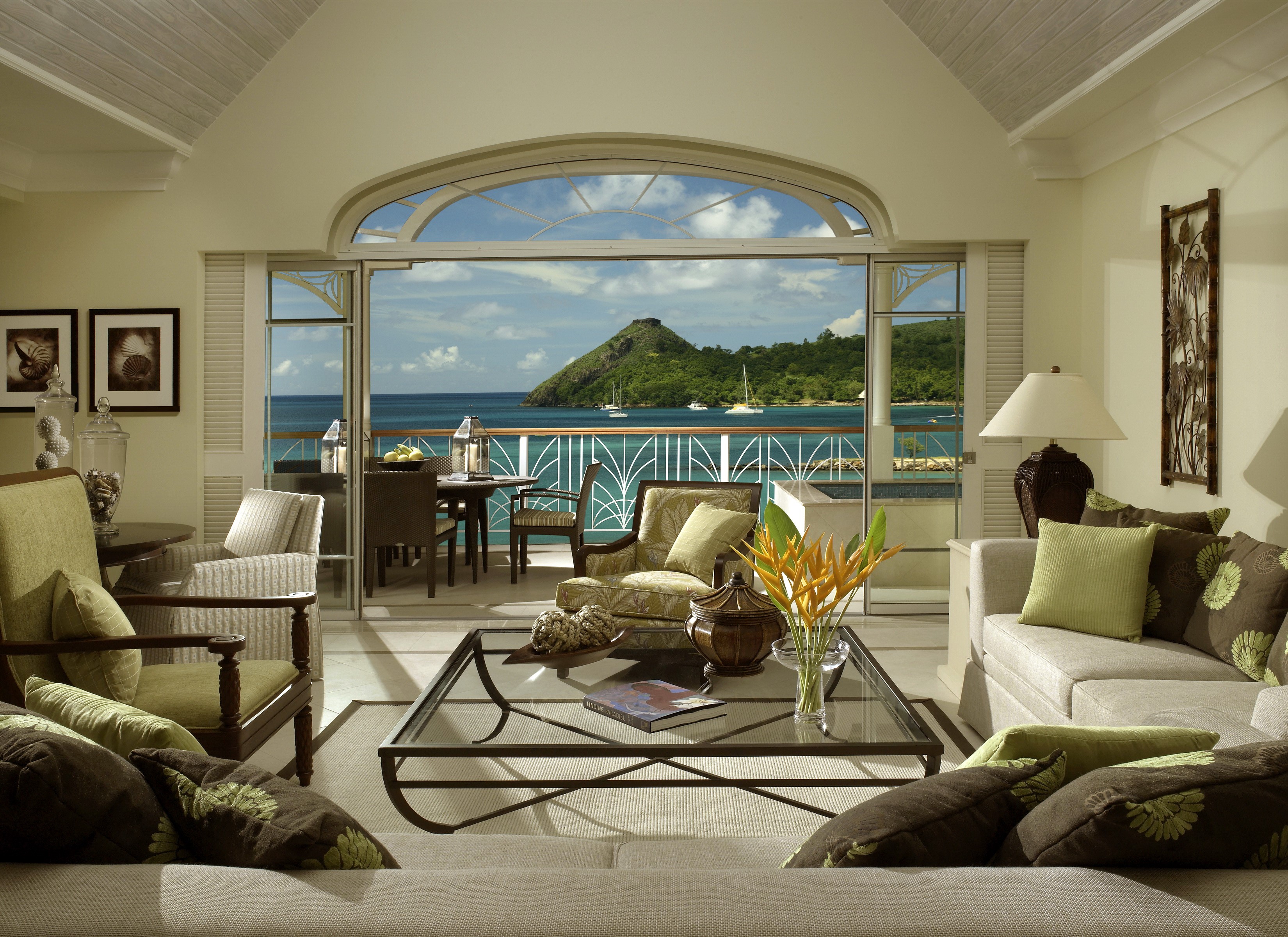 Living room with ocean view balcony HD Wallpaper