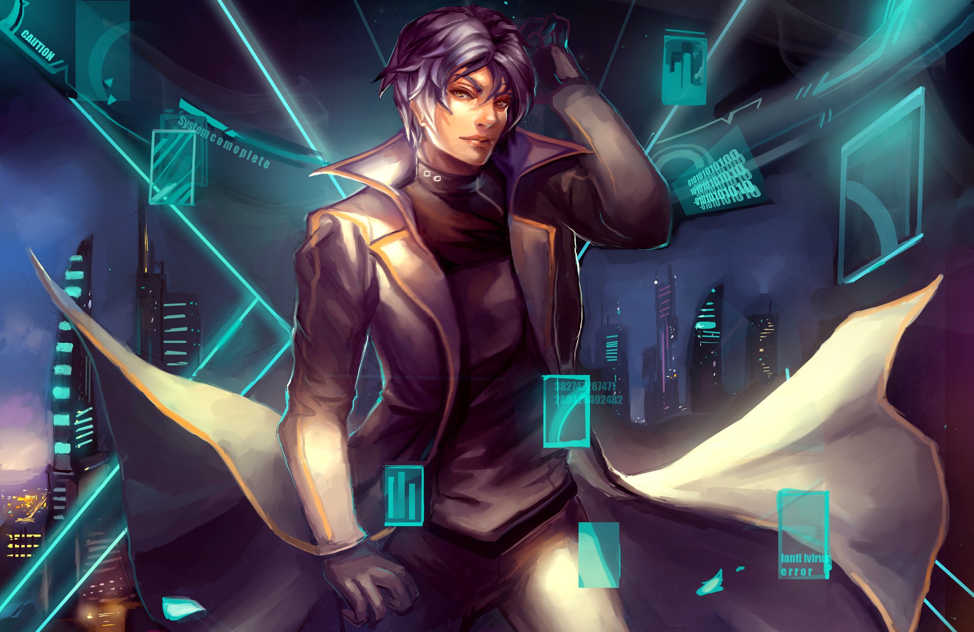Man in futuristic city with holographic displays HD Wallpaper