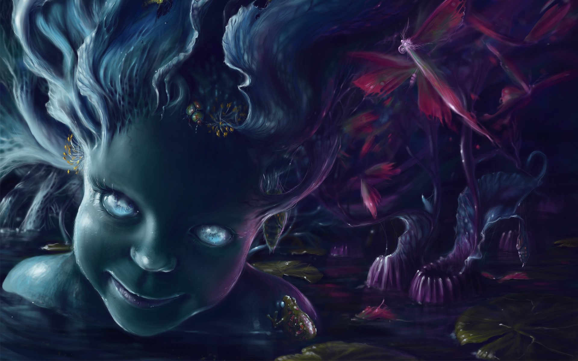 A mystical child with glowing eyes emerges from dark water HD Wallpaper