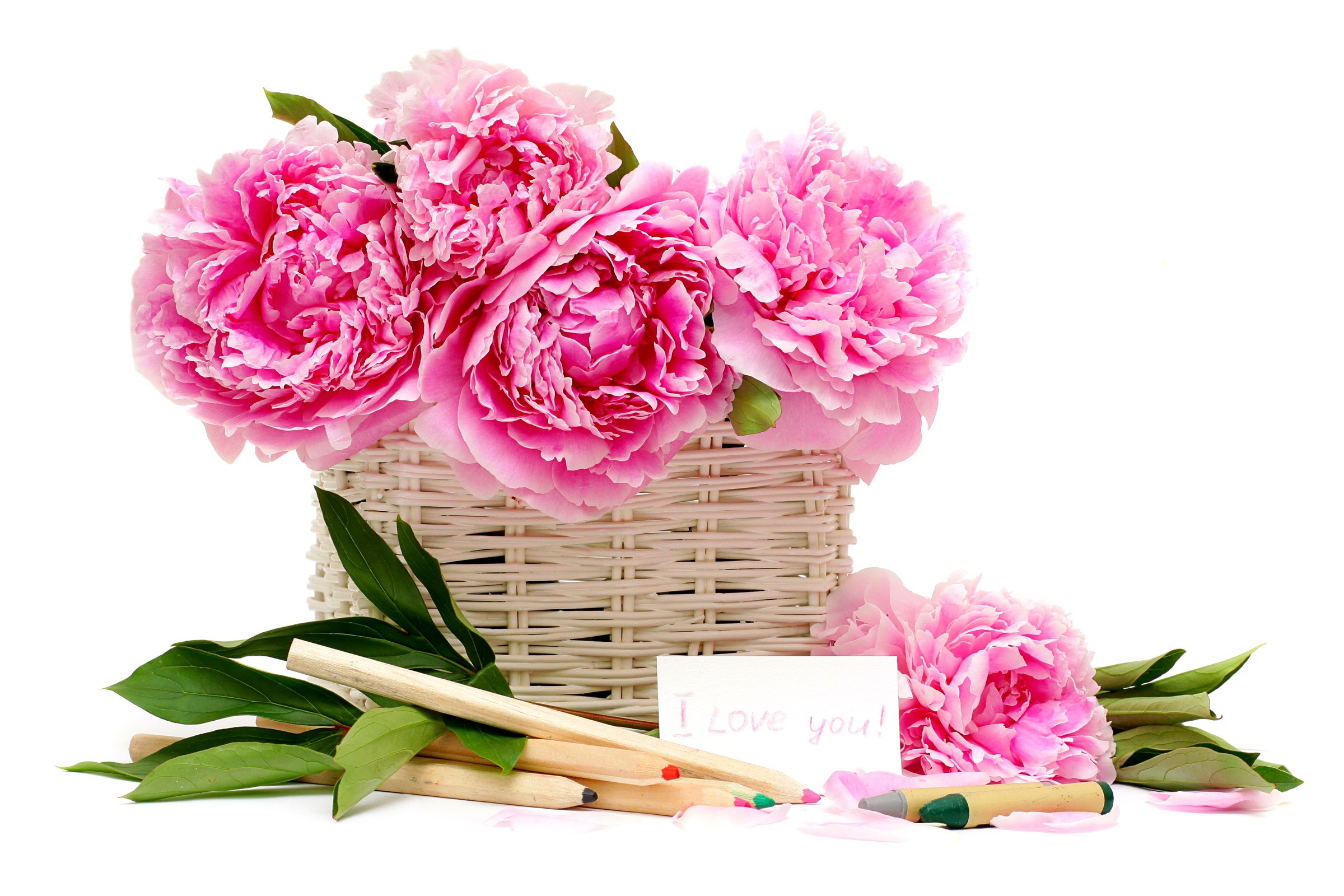 Pink Peonies in a Basket with a Note and Pencils HD Wallpaper
