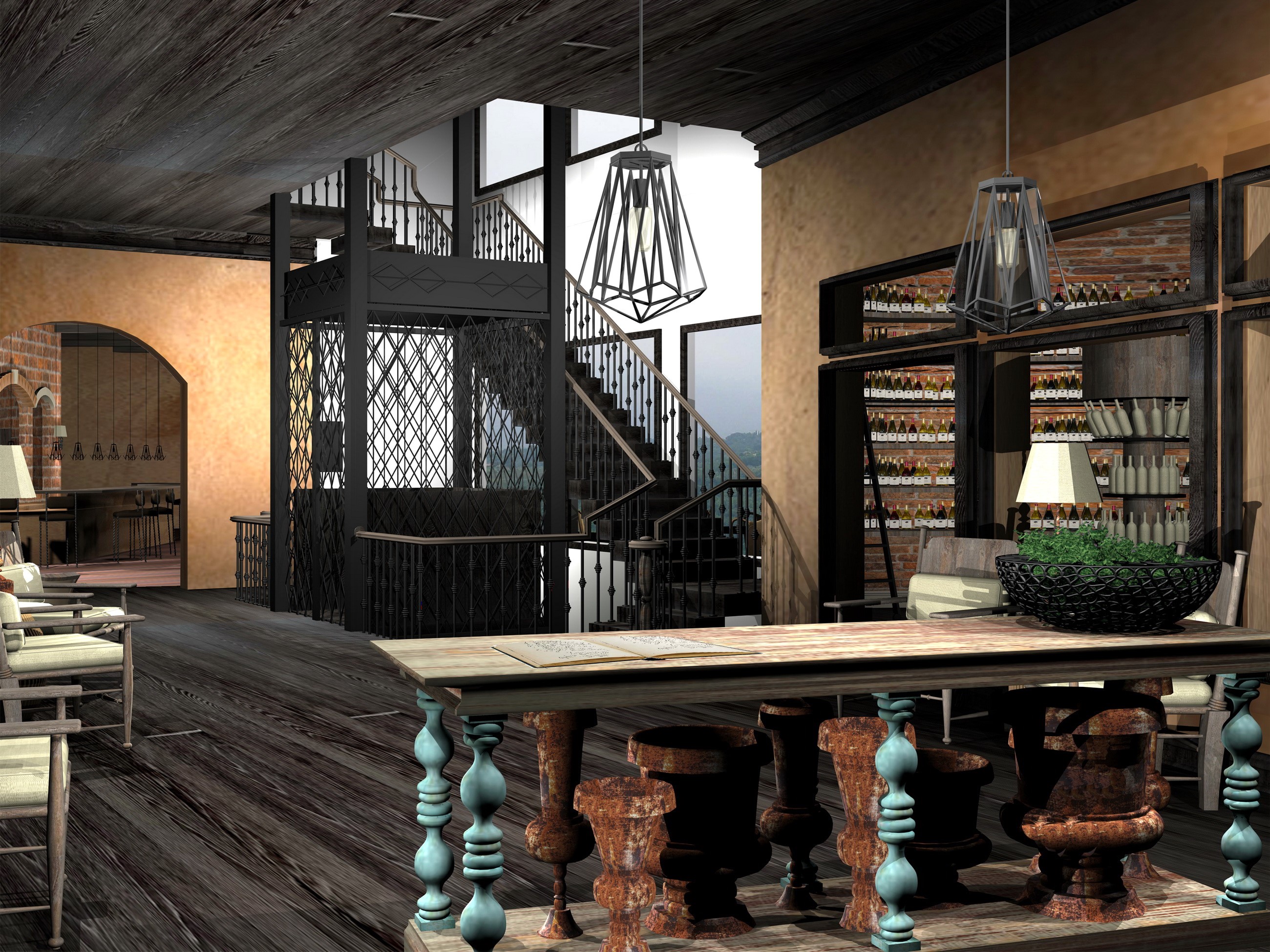 Interior design with stairs and wine racks HD Wallpaper