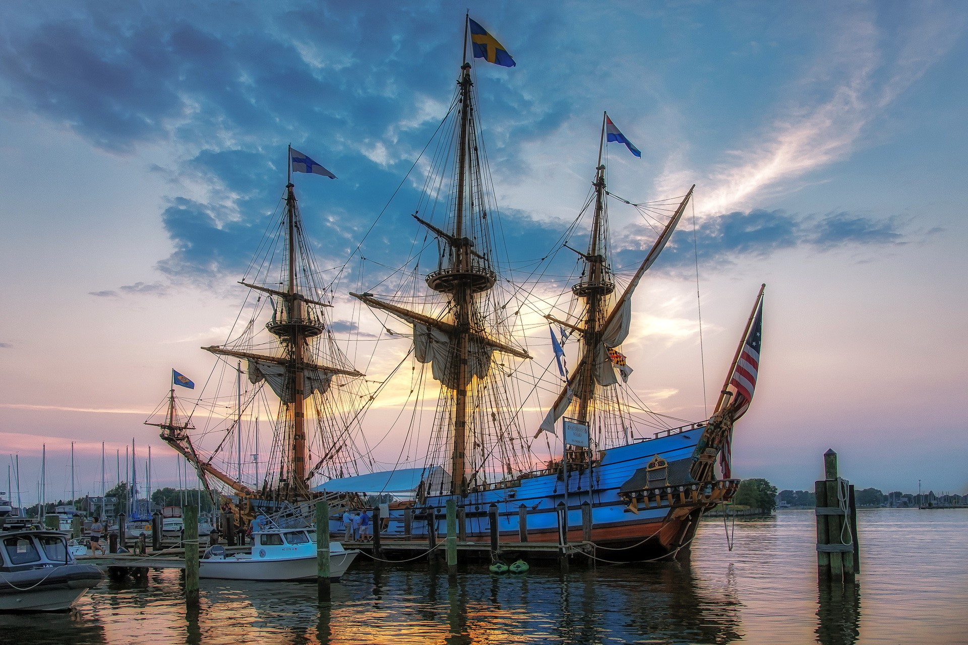 Tall Ship docked at sunset HD Wallpaper