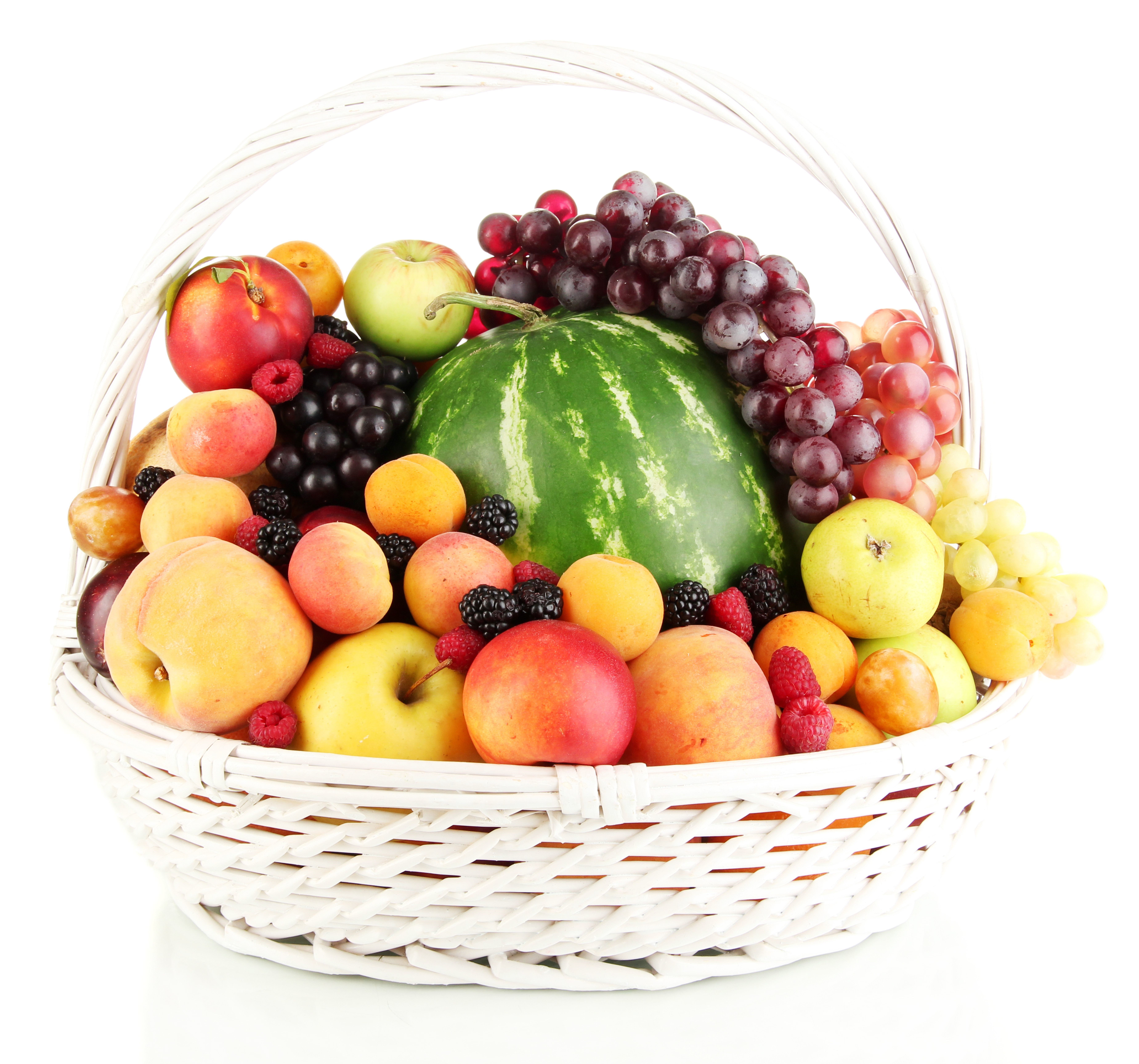 Fruit basket with watermelon, grapes, apples, peaches, and berries HD Wallpaper