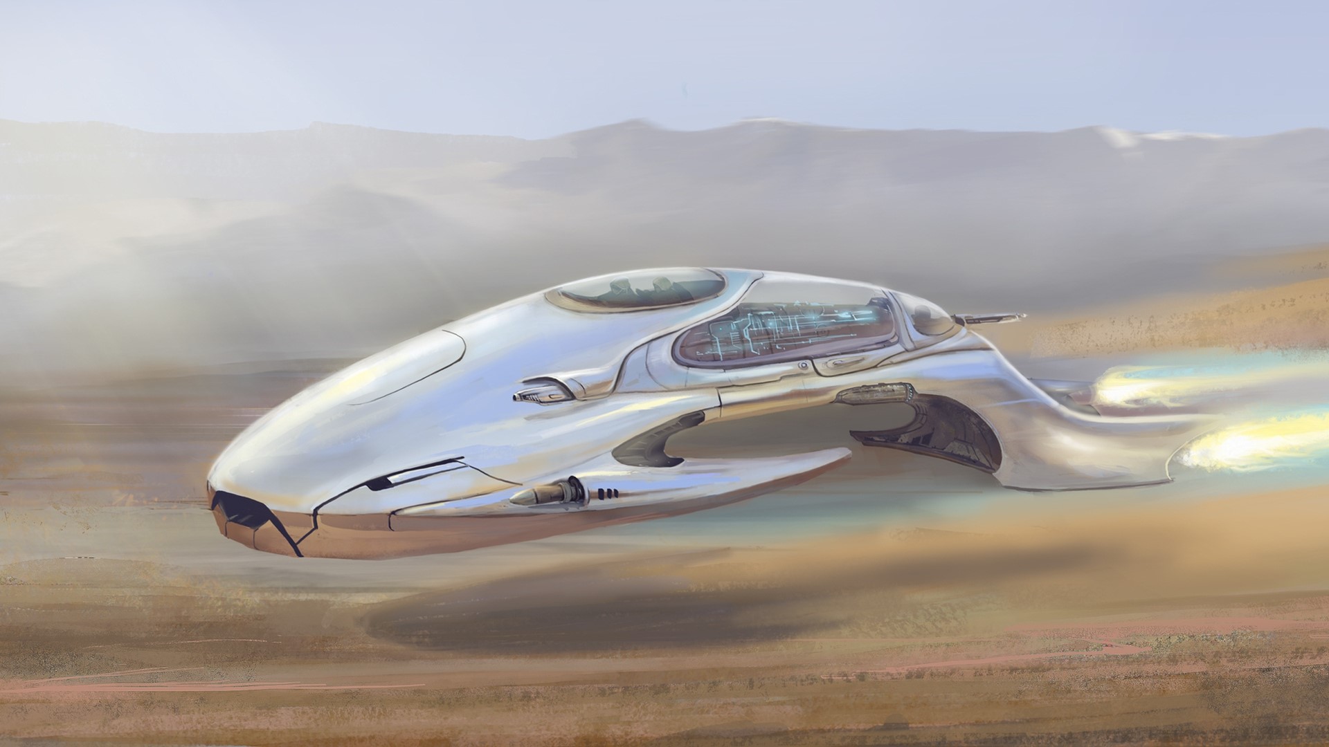 Futuristic silver vehicle flying over a desert landscape HD Wallpaper