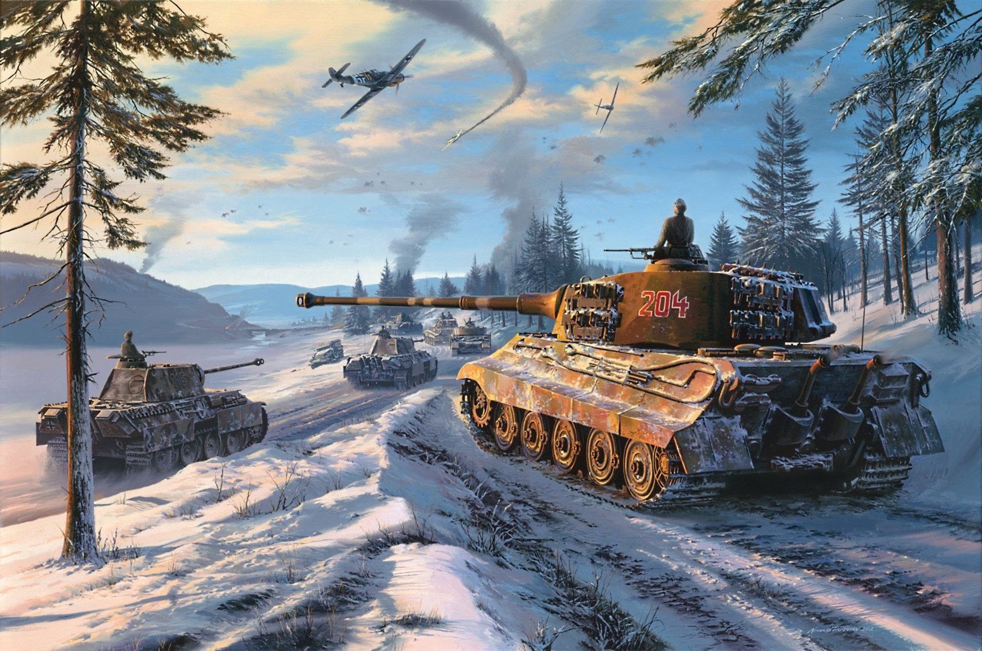 German tanks and planes in a snowy forest battle HD Wallpaper