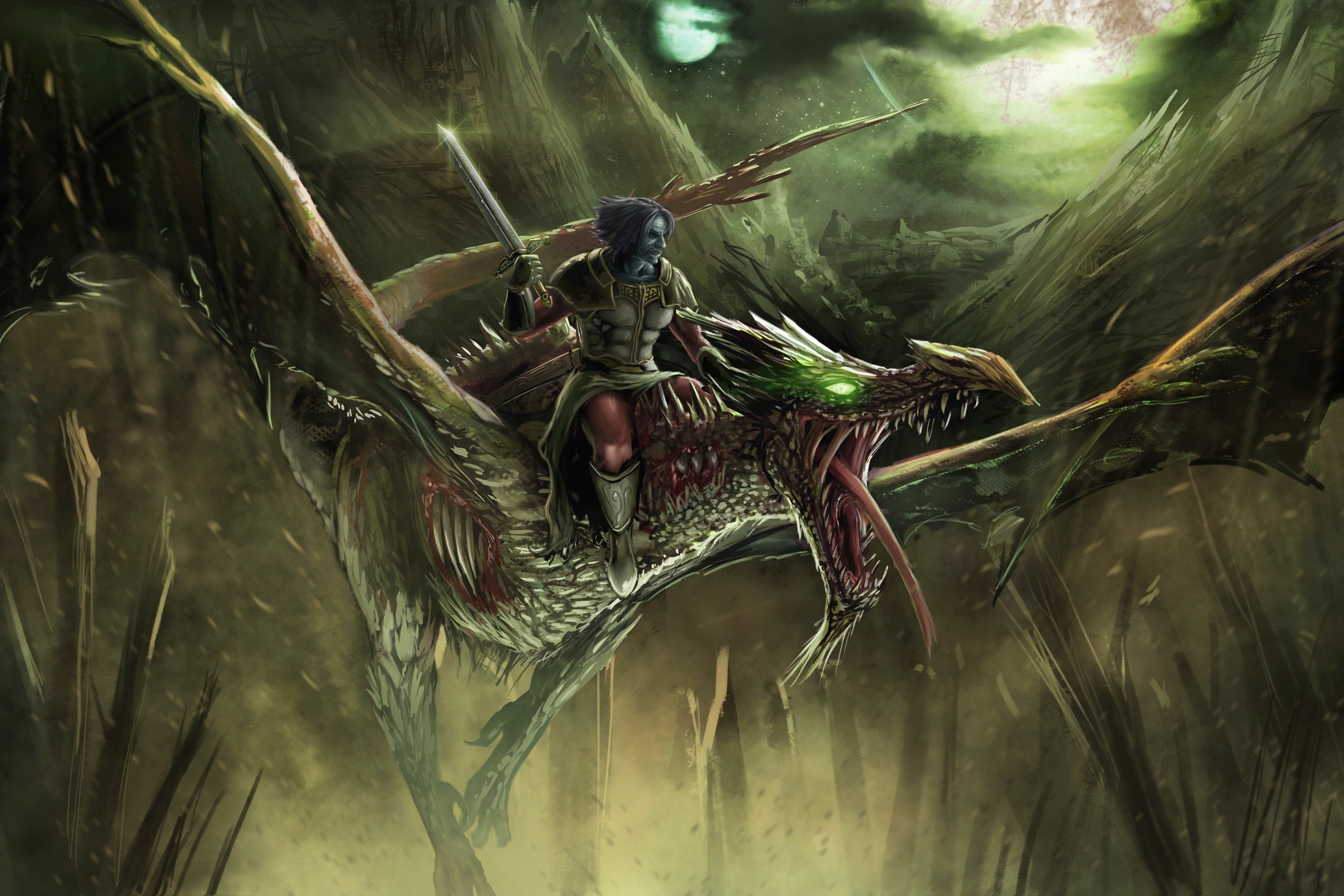 Warrior riding a dragon in a dark landscape HD Wallpaper