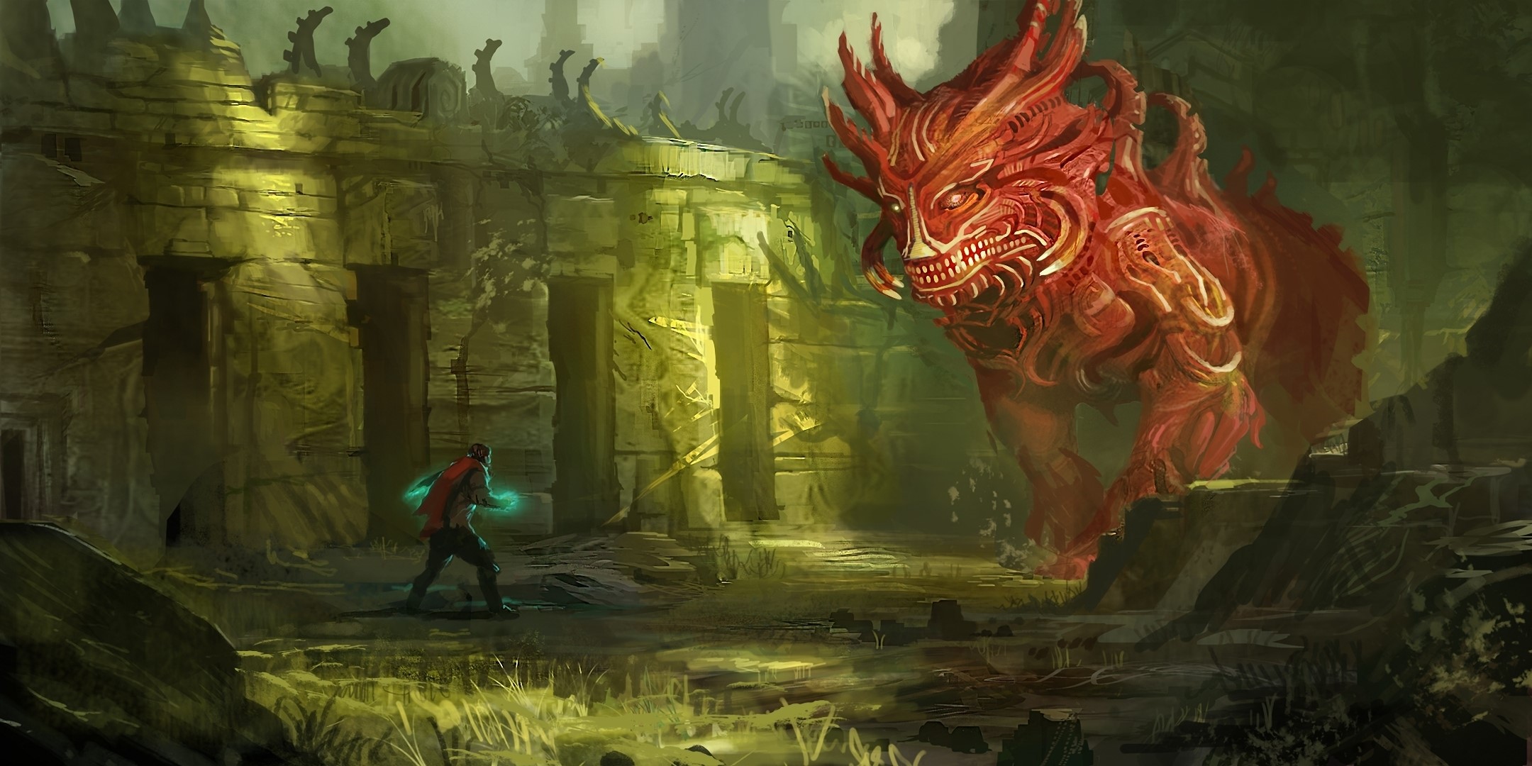 Man battles a large red monster in ancient ruins HD Wallpaper