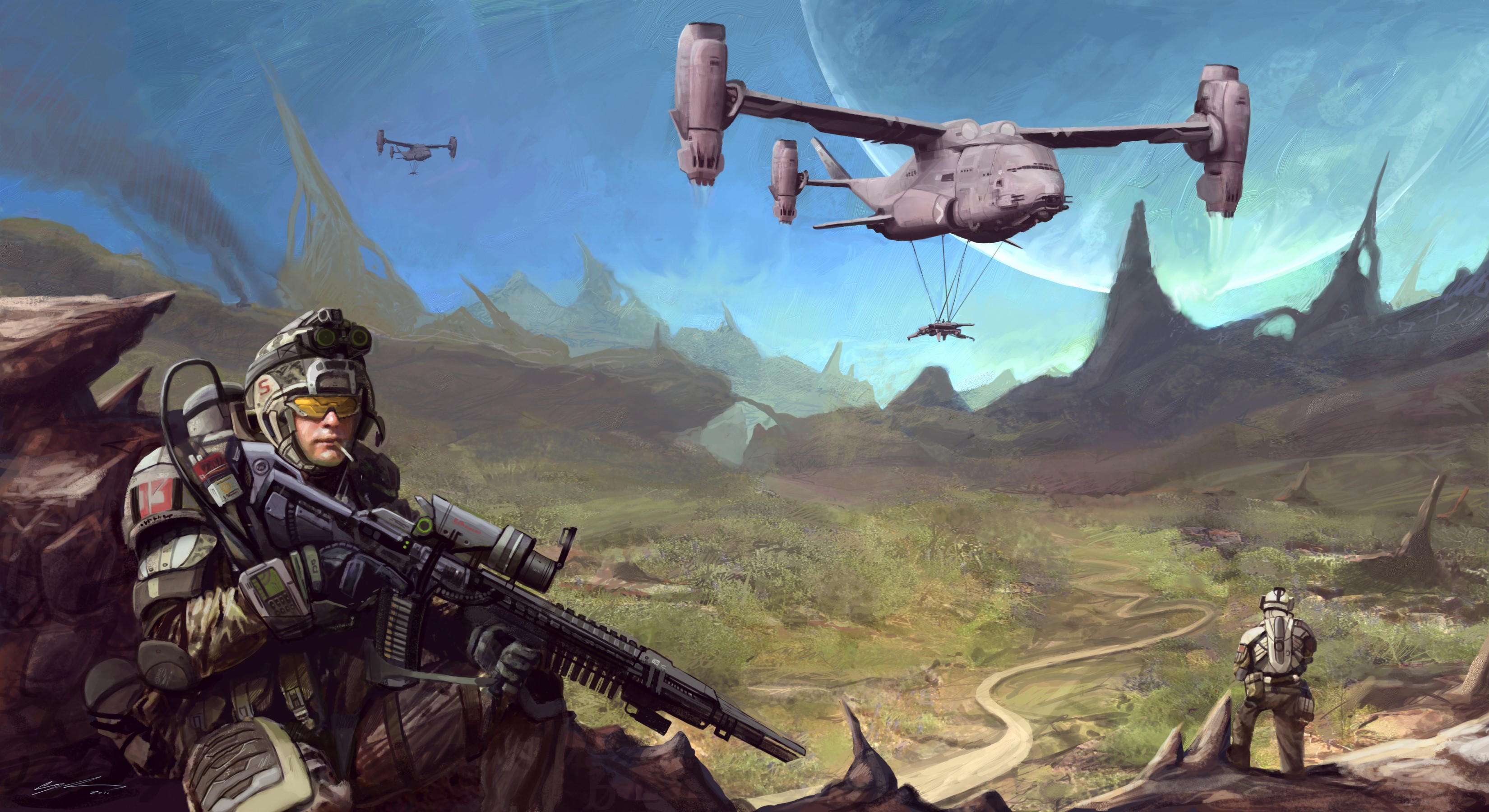 Soldiers and aircraft on an alien planet HD Wallpaper