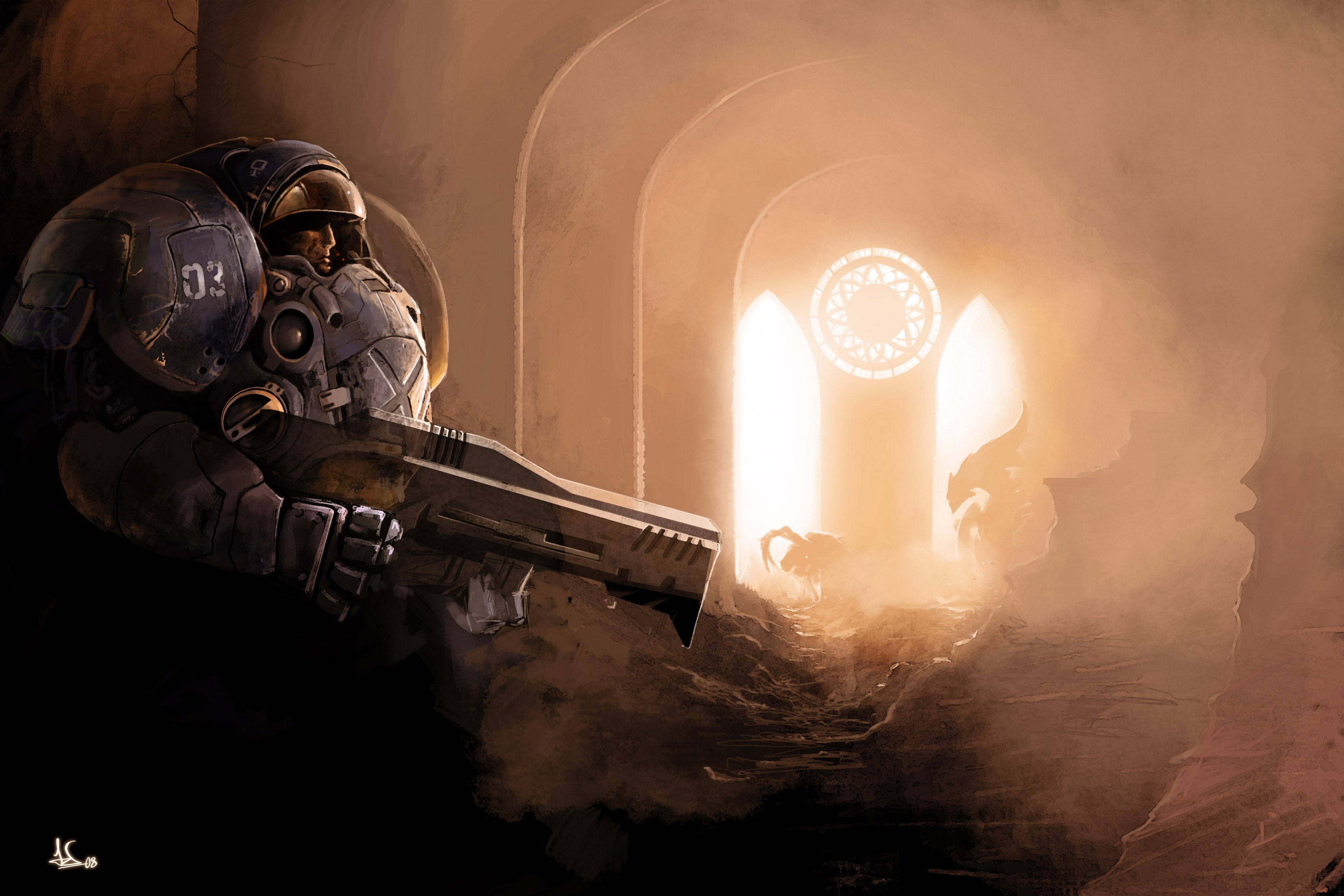 Marine with rifle in a ruined cathedral with Zerg HD Wallpaper