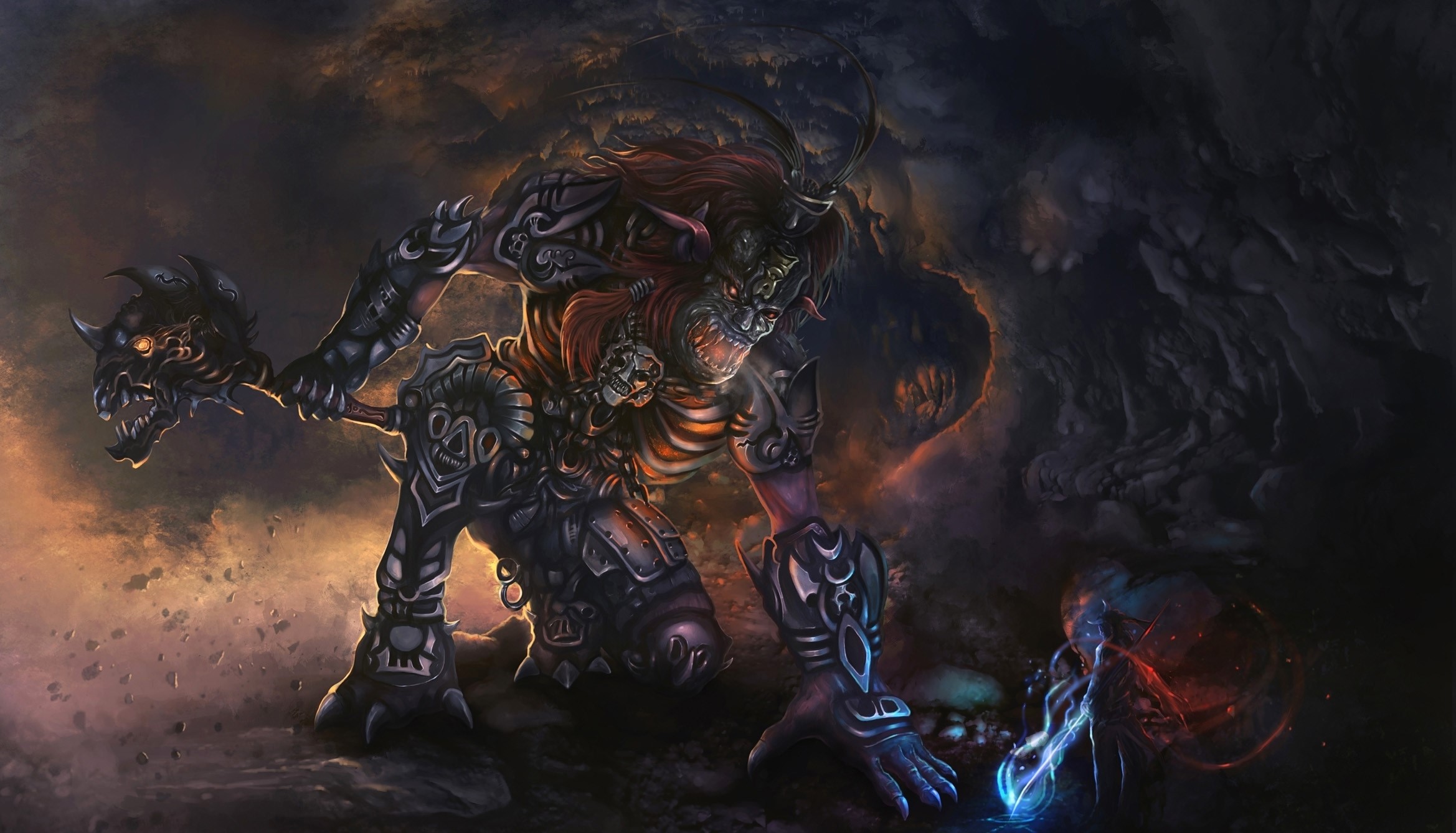Monster with a club fighting a mage HD Wallpaper