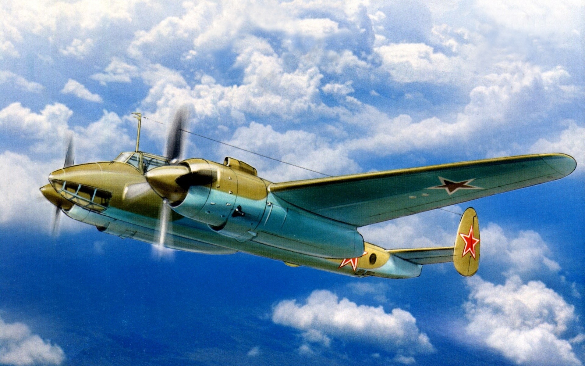 Soviet twin-engine bomber aircraft flying in the sky HD Wallpaper