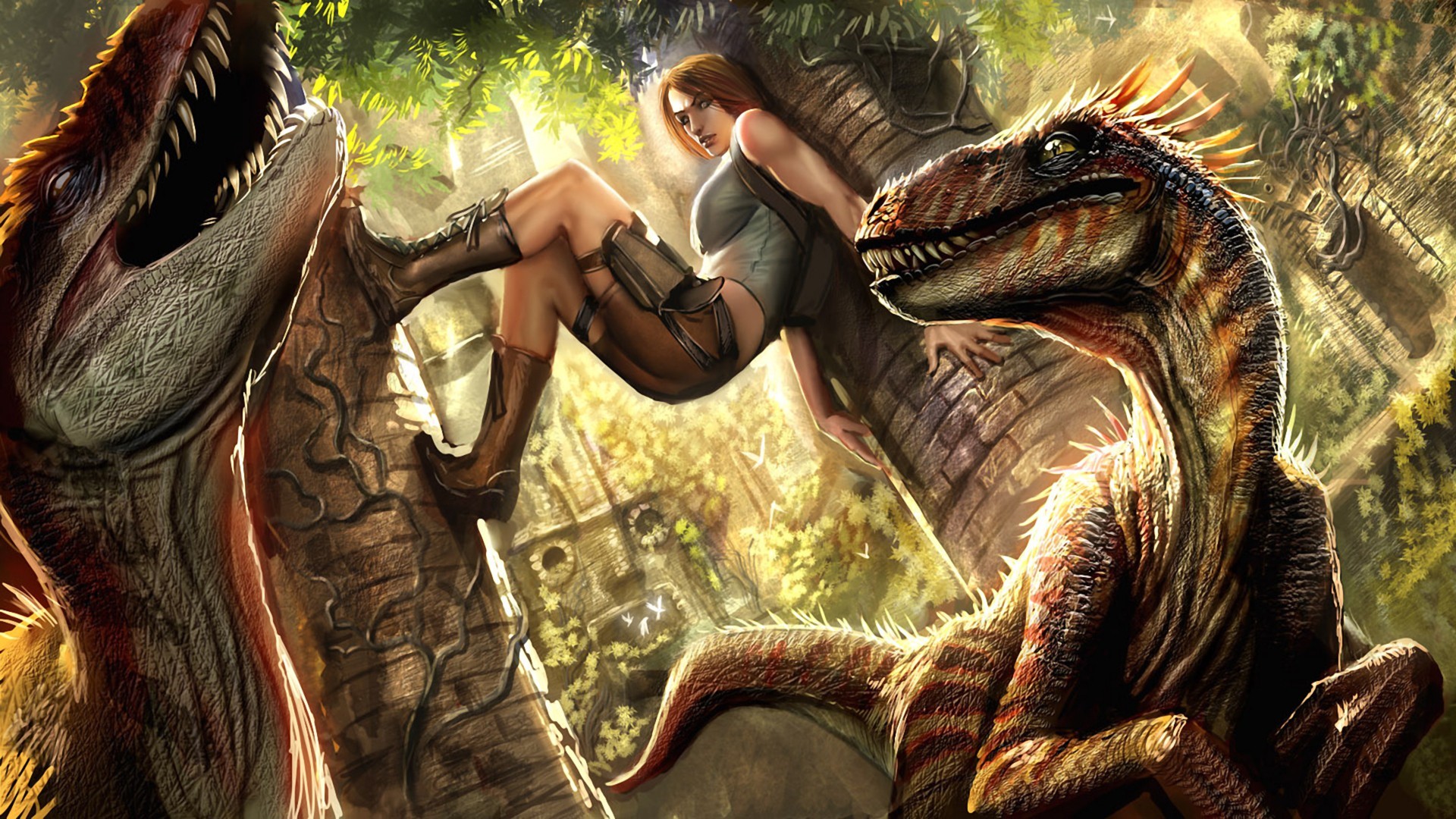 Lara Croft from Tomb Raider with raptors HD Wallpaper