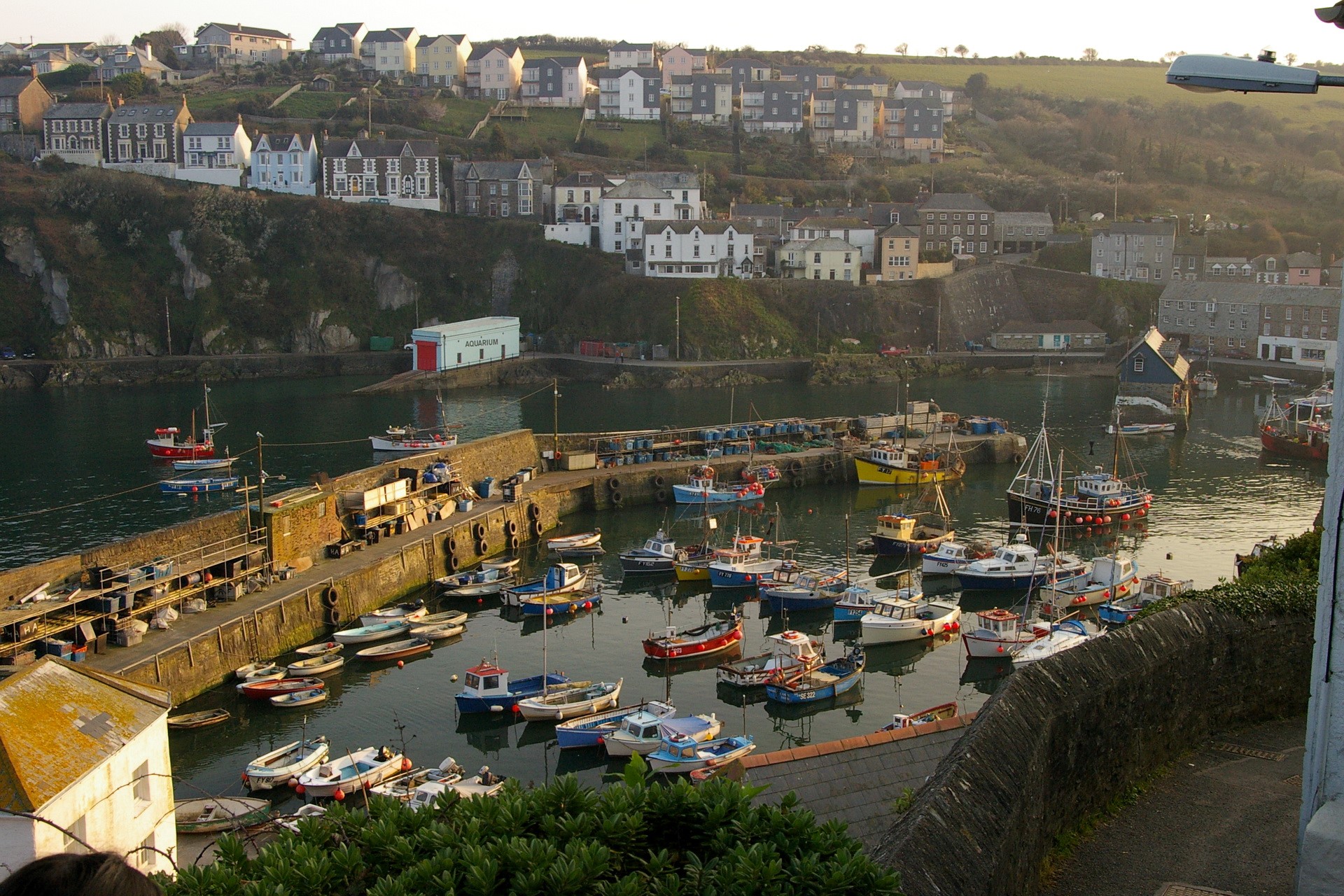 Boats in a harbor with houses on a hill in Cornwall, United Kingdom HD Wallpaper