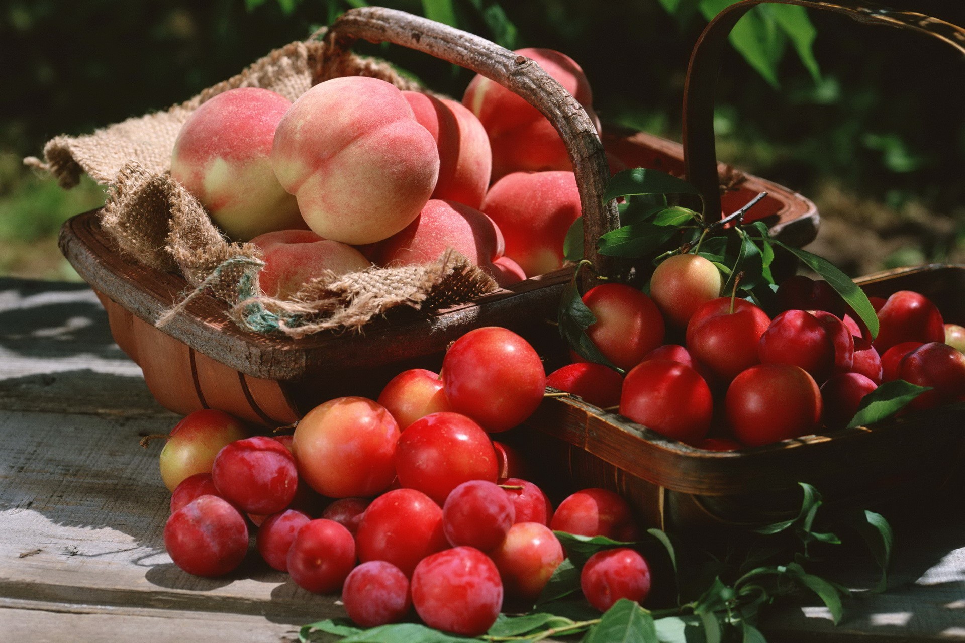 Peaches and plums in baskets HD Wallpaper