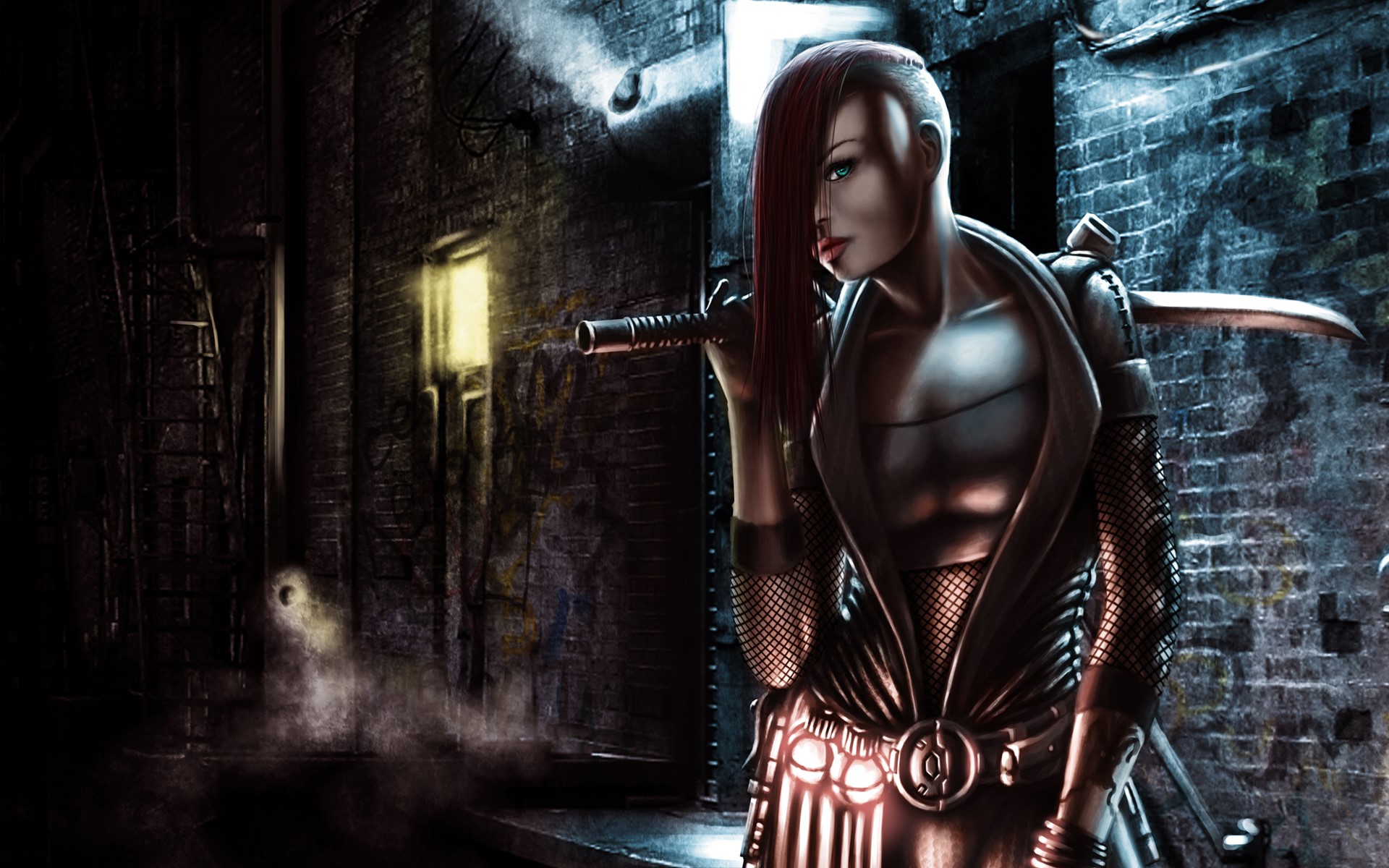 Female warrior with sword in alley HD Wallpaper